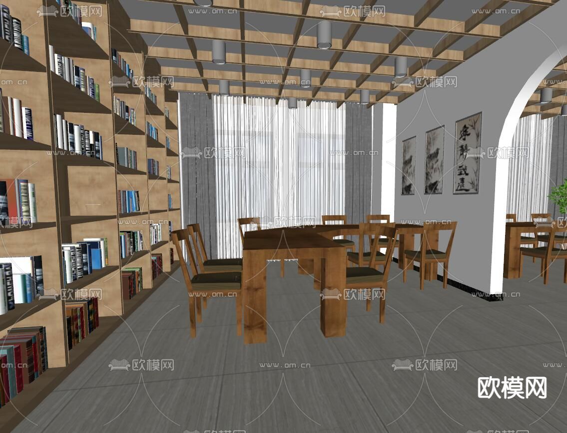 新中式图书室阅览室su模型下载（渲染图2）