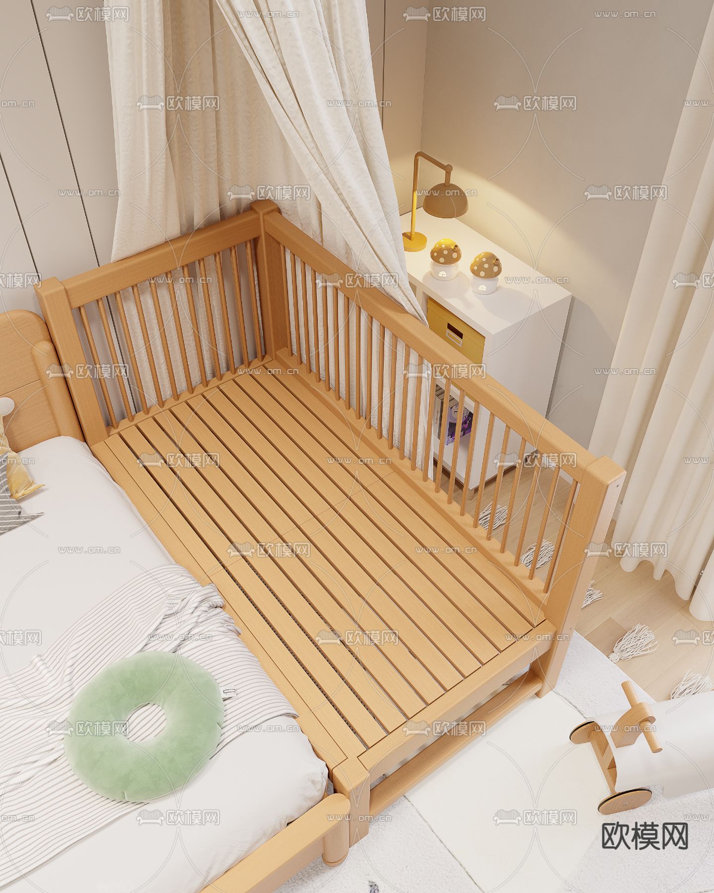 北欧风实木婴儿床3d模型下载（渲染图4）