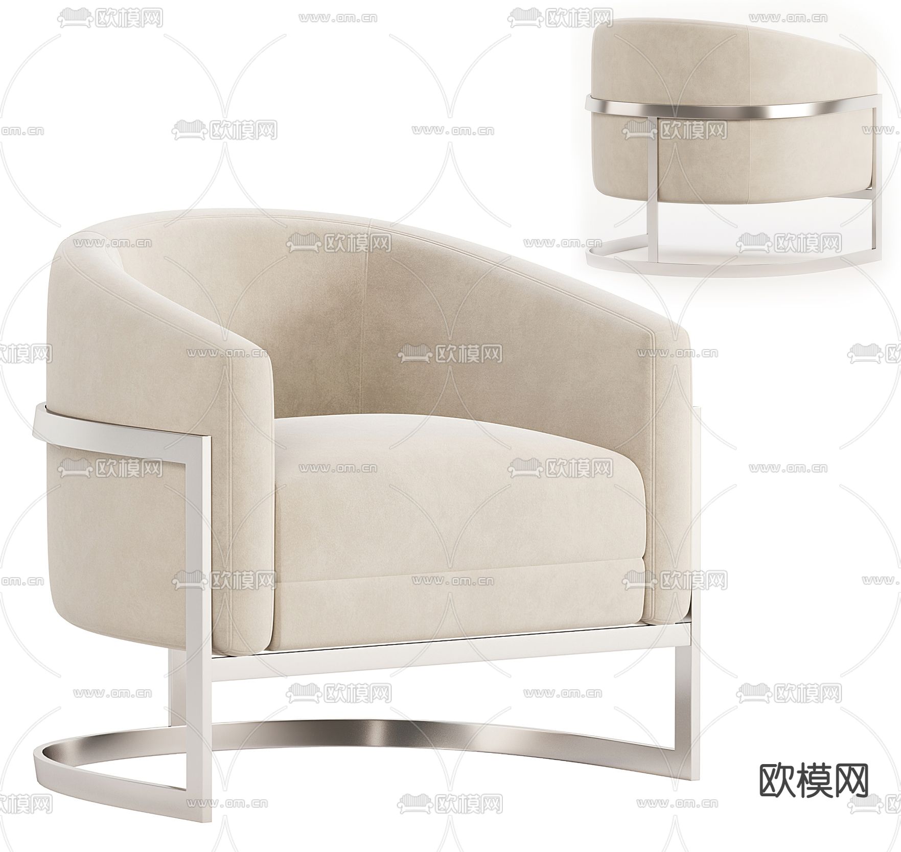 奶油风布艺休闲椅子3d模型下载（渲染图1）