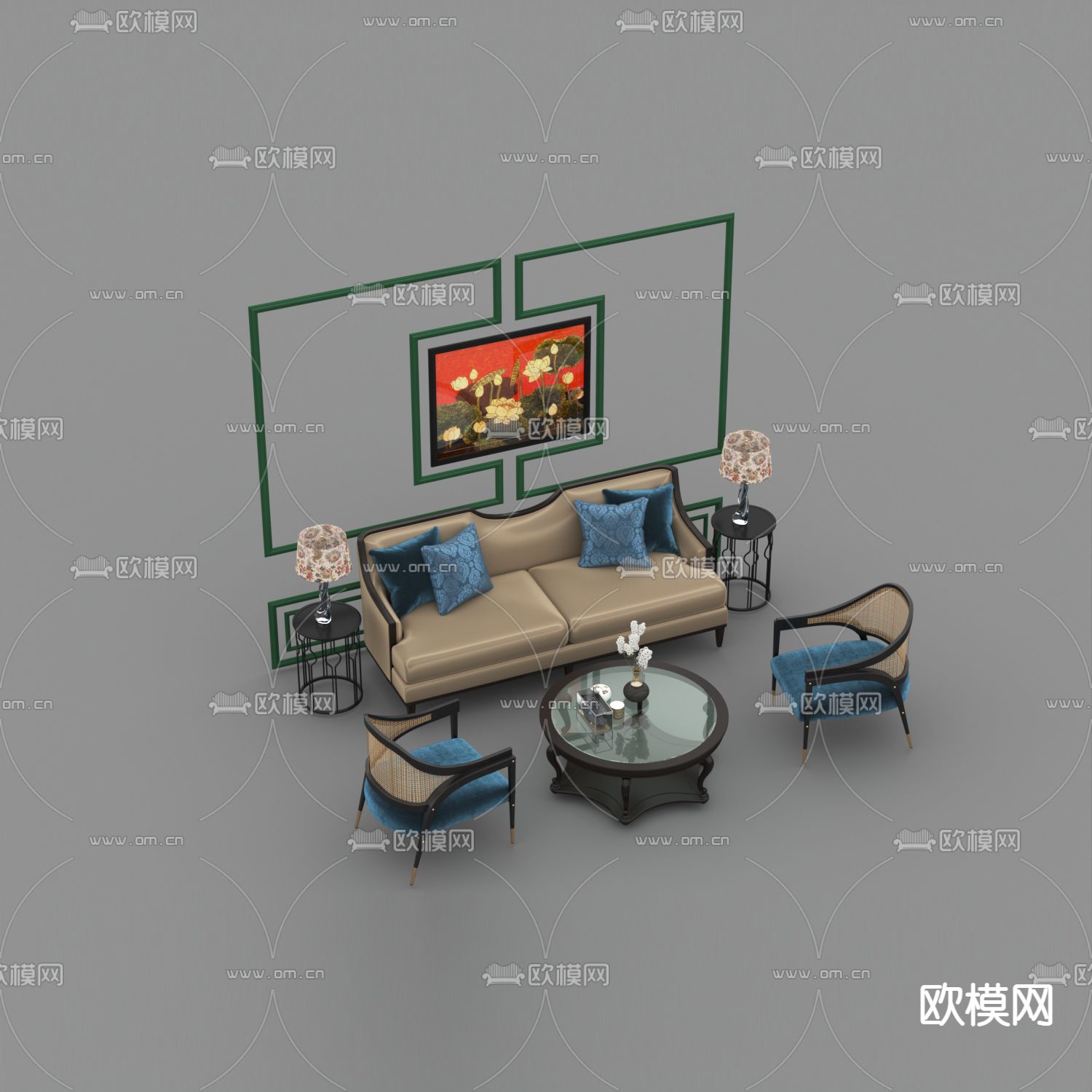 美式简约实木皮革布艺沙发组合免费3d模型下载