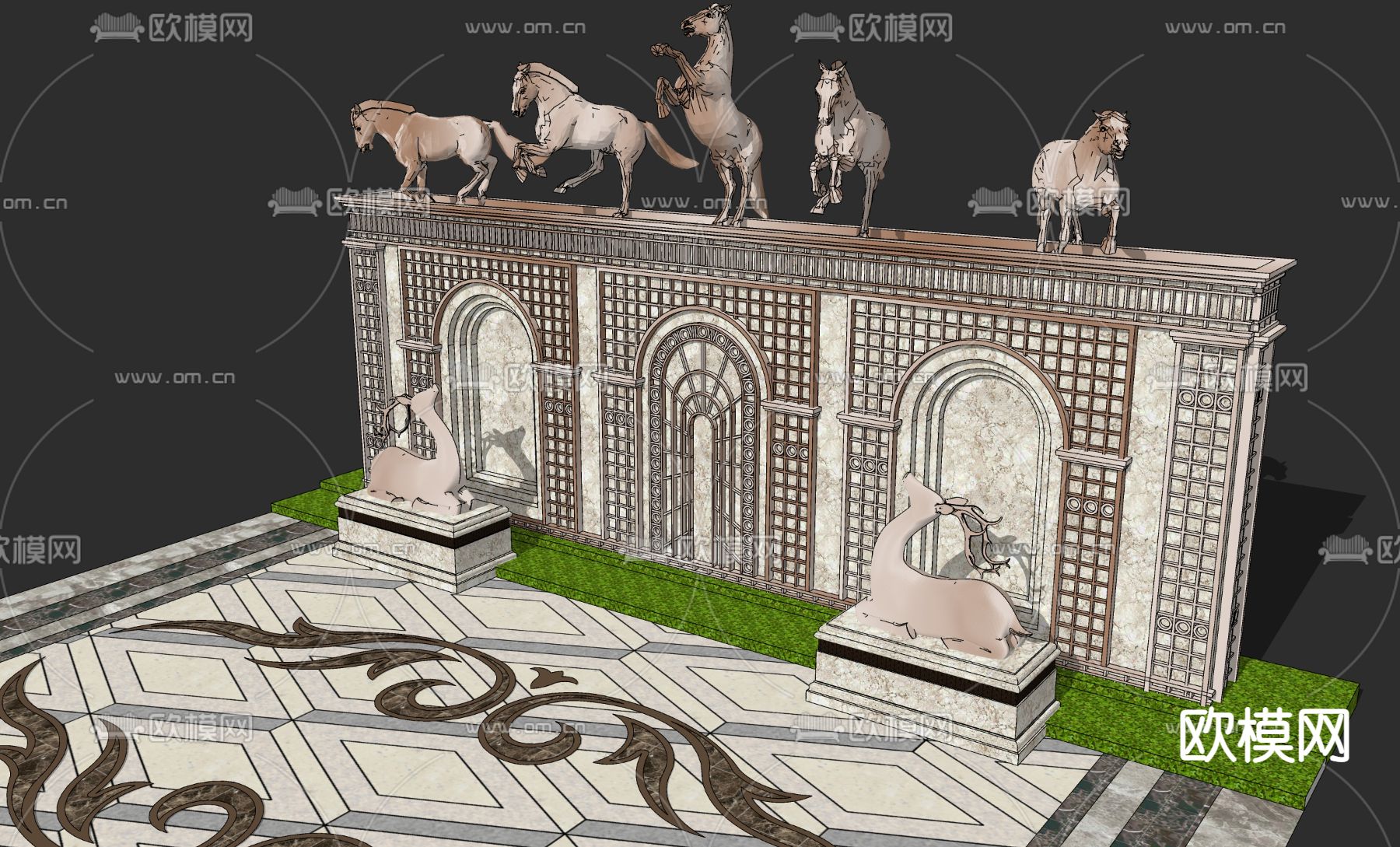 欧式马雕塑凯旋景墙su模型下载（渲染图3）