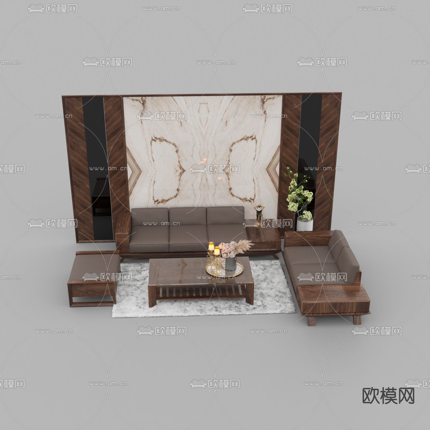 新中式轻奢实木大理石镜面背景墙实木皮革沙发组合免费3d模型下载