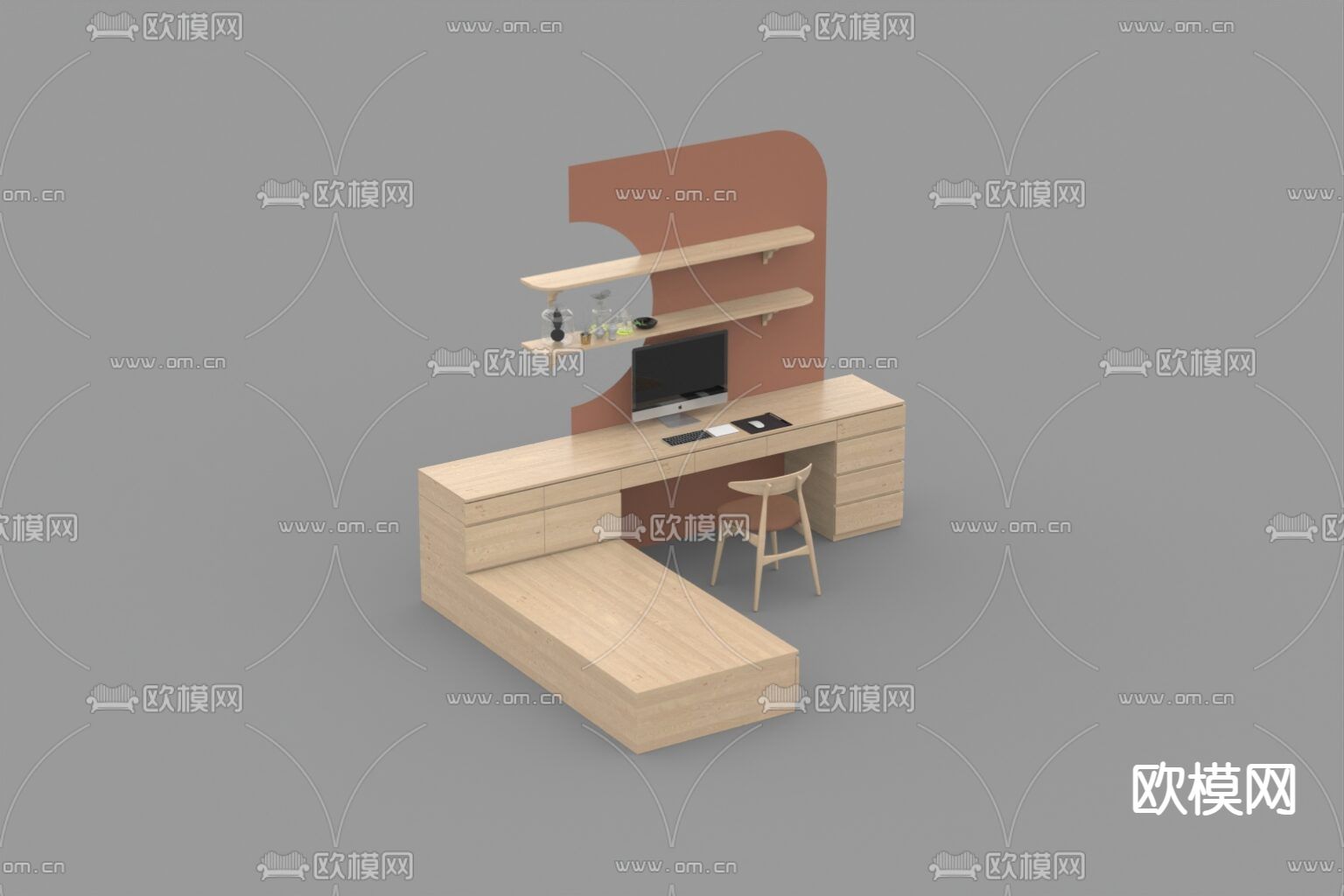 北欧简约实木单人床书桌免费3d模型