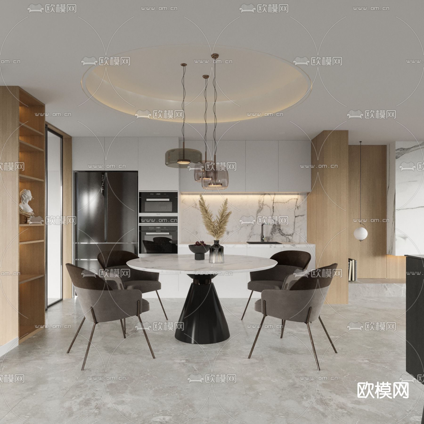 现代大理石圆形餐桌椅3d模型下载