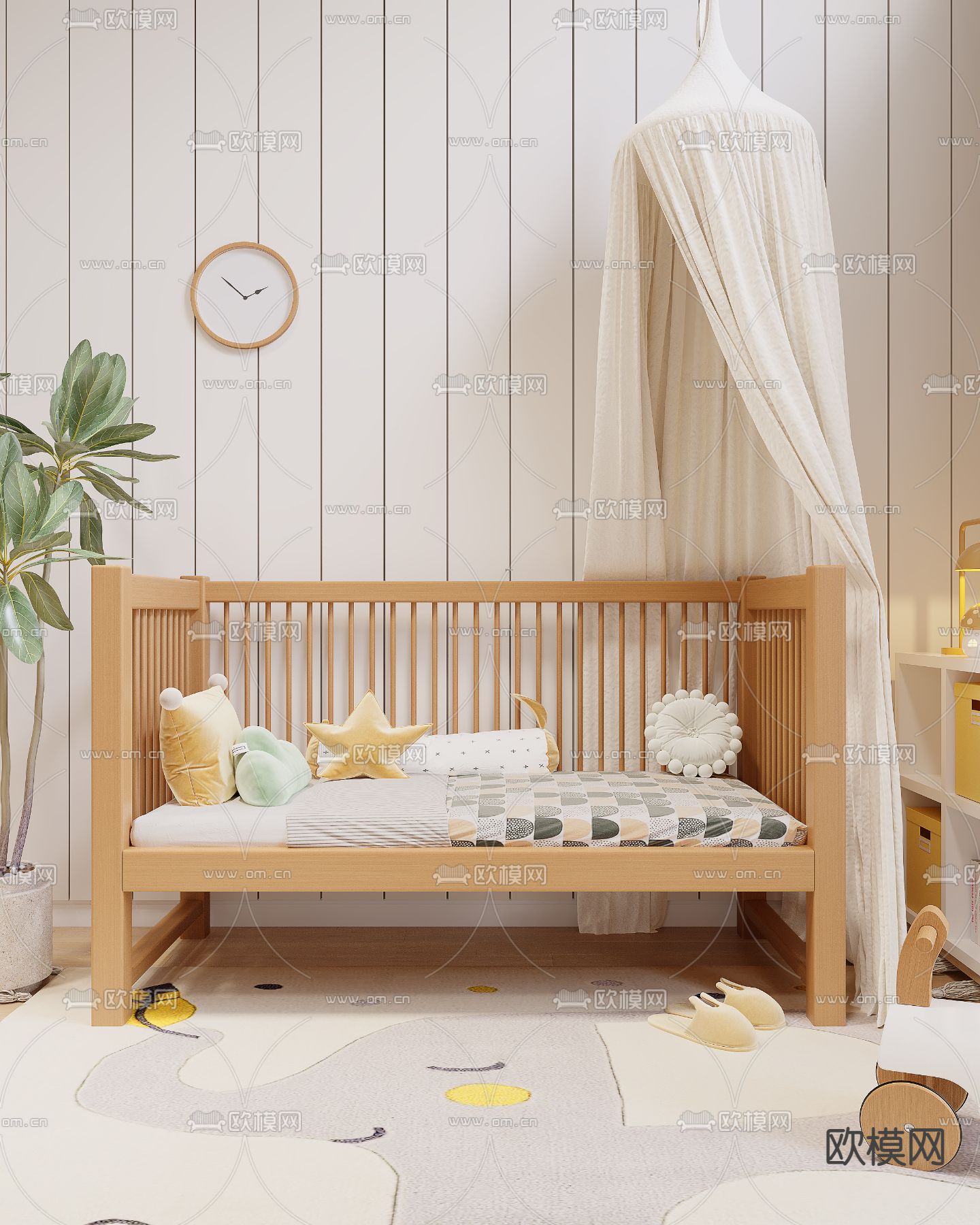 北欧风实木婴儿床3d模型下载（渲染图3）