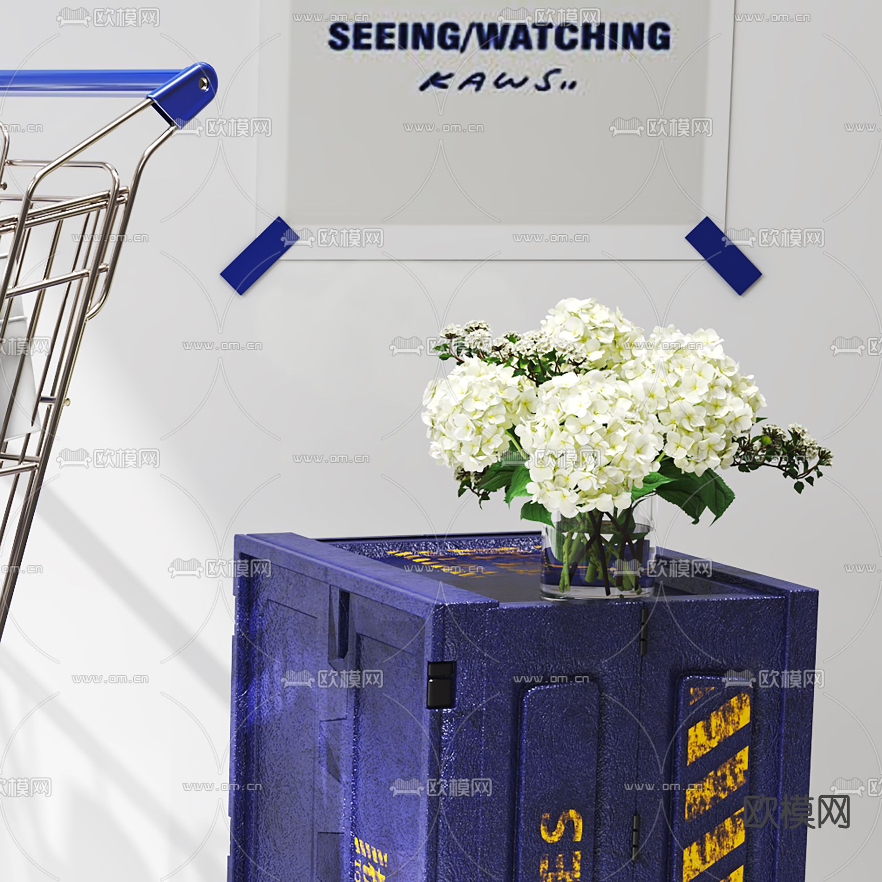 现代克莱因蓝购物推车提示牌3d模型下载（渲染图1）