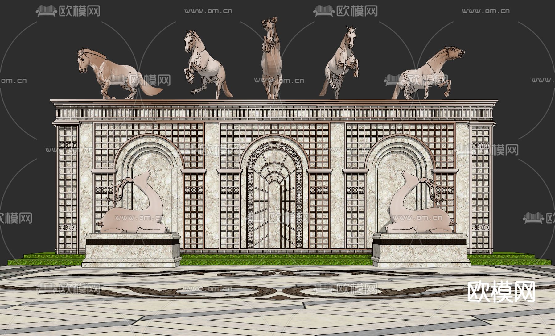 欧式马雕塑凯旋景墙su模型下载（渲染图1）