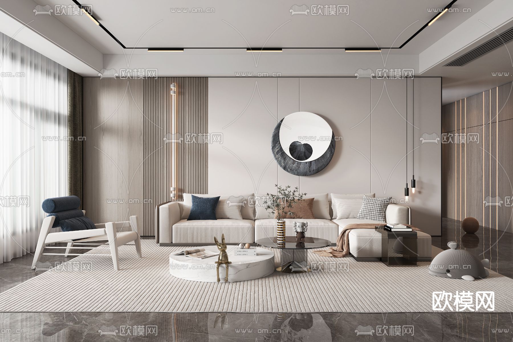 现代奶油风客厅3d模型下载（渲染图1）