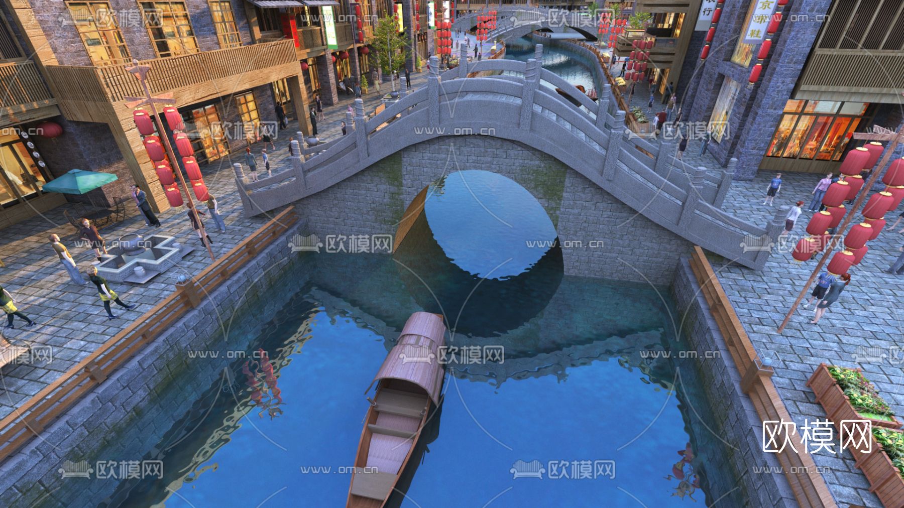 新中式古建拱门桥街道3d模型下载