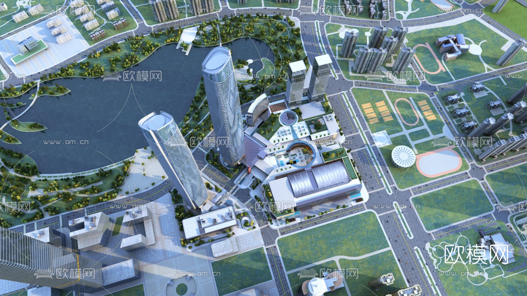 现代城市鸟瞰3d模型下载_ID12069516_3dmax免费模型-欧模网