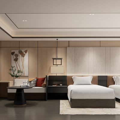  新中式酒店客房双床房su模型 