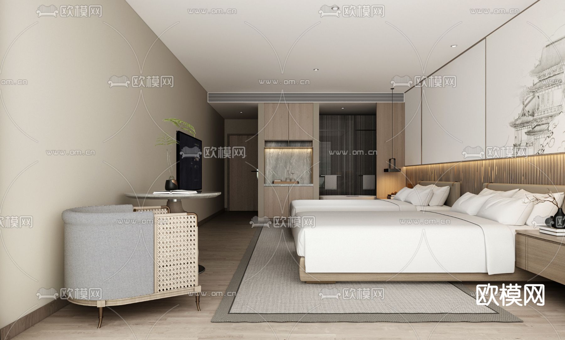 新中式酒店双人客房3d模型下载（渲染图2）