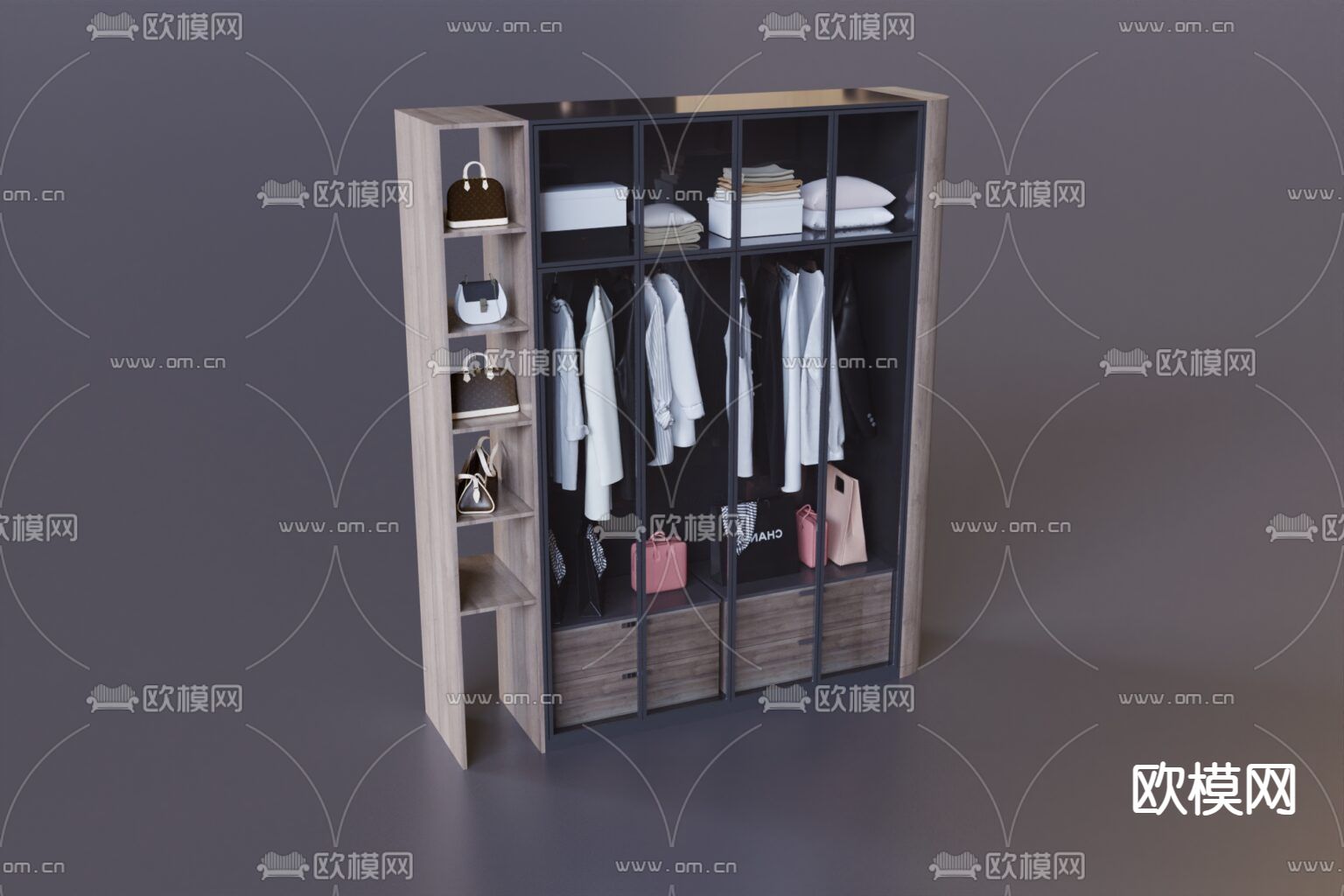 现代轻奢实木玻璃衣柜免费3d模型下载