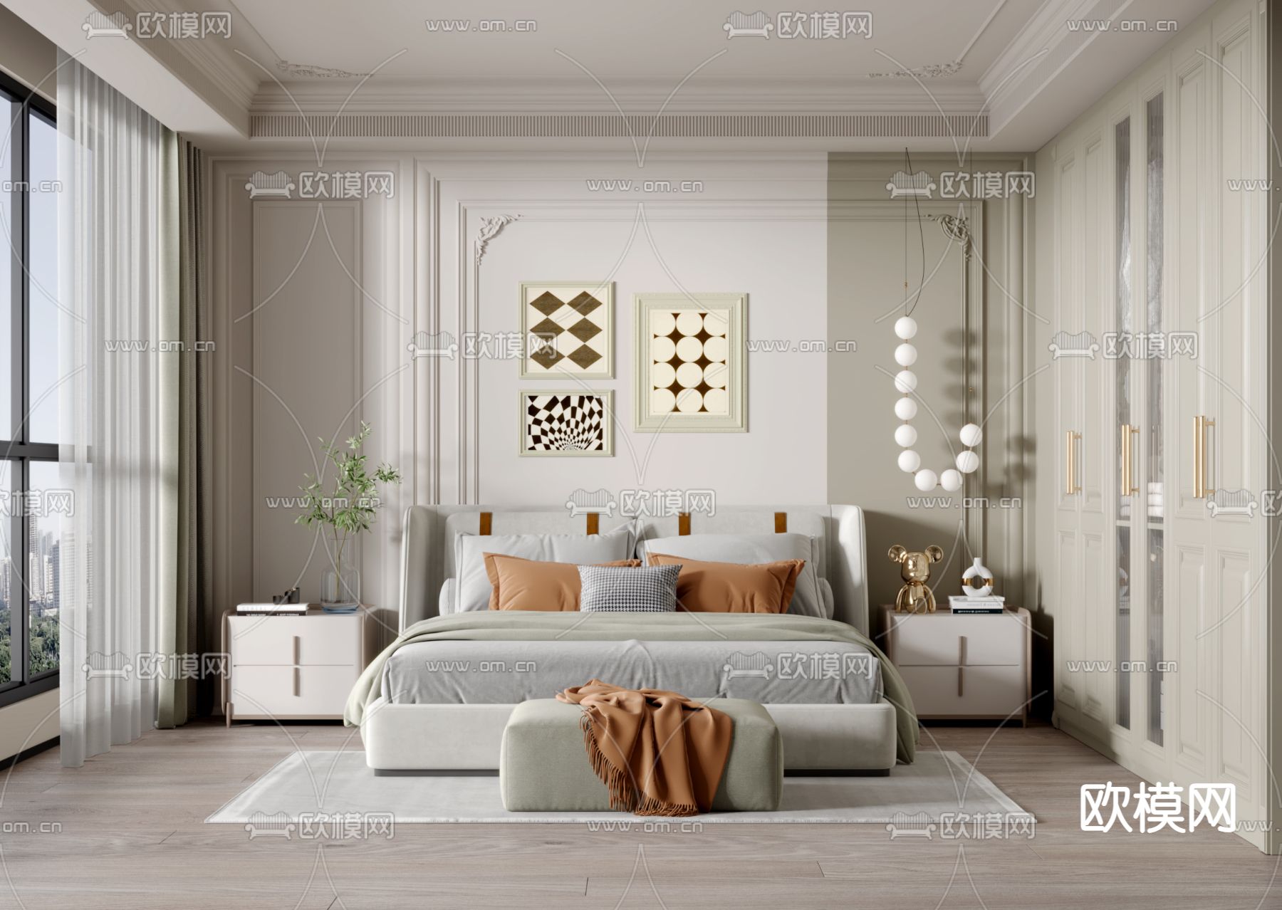 简欧卧室主人房3d模型下载（渲染图1）