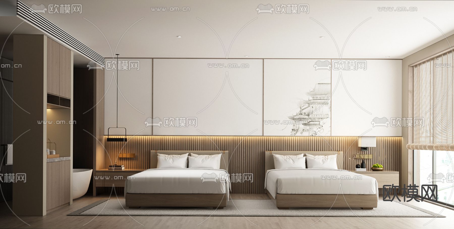 新中式酒店双人客房3d模型下载（渲染图1）