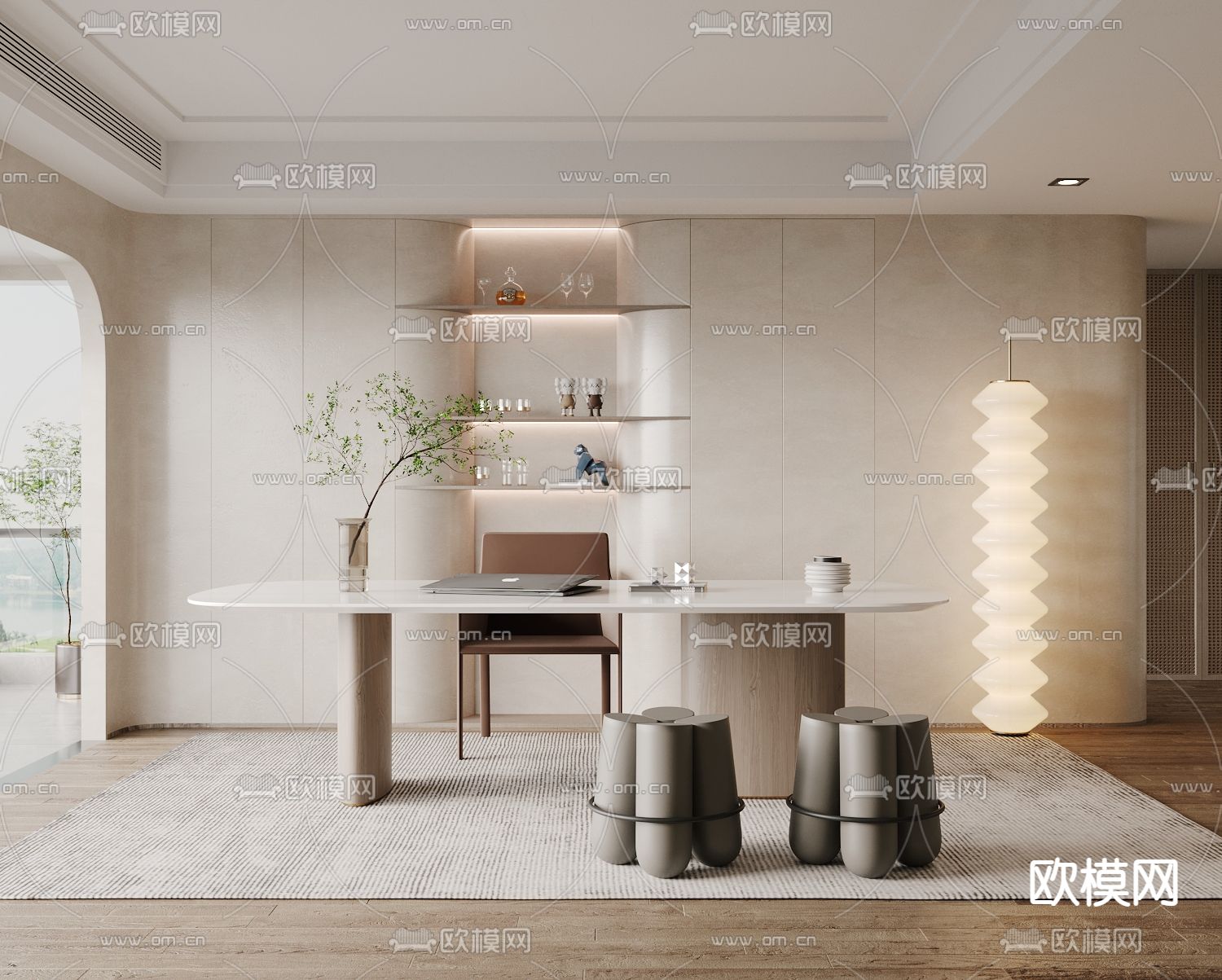 侘寂奶油风书房3d模型下载_ID12074558_3dmax免费模型-欧模网