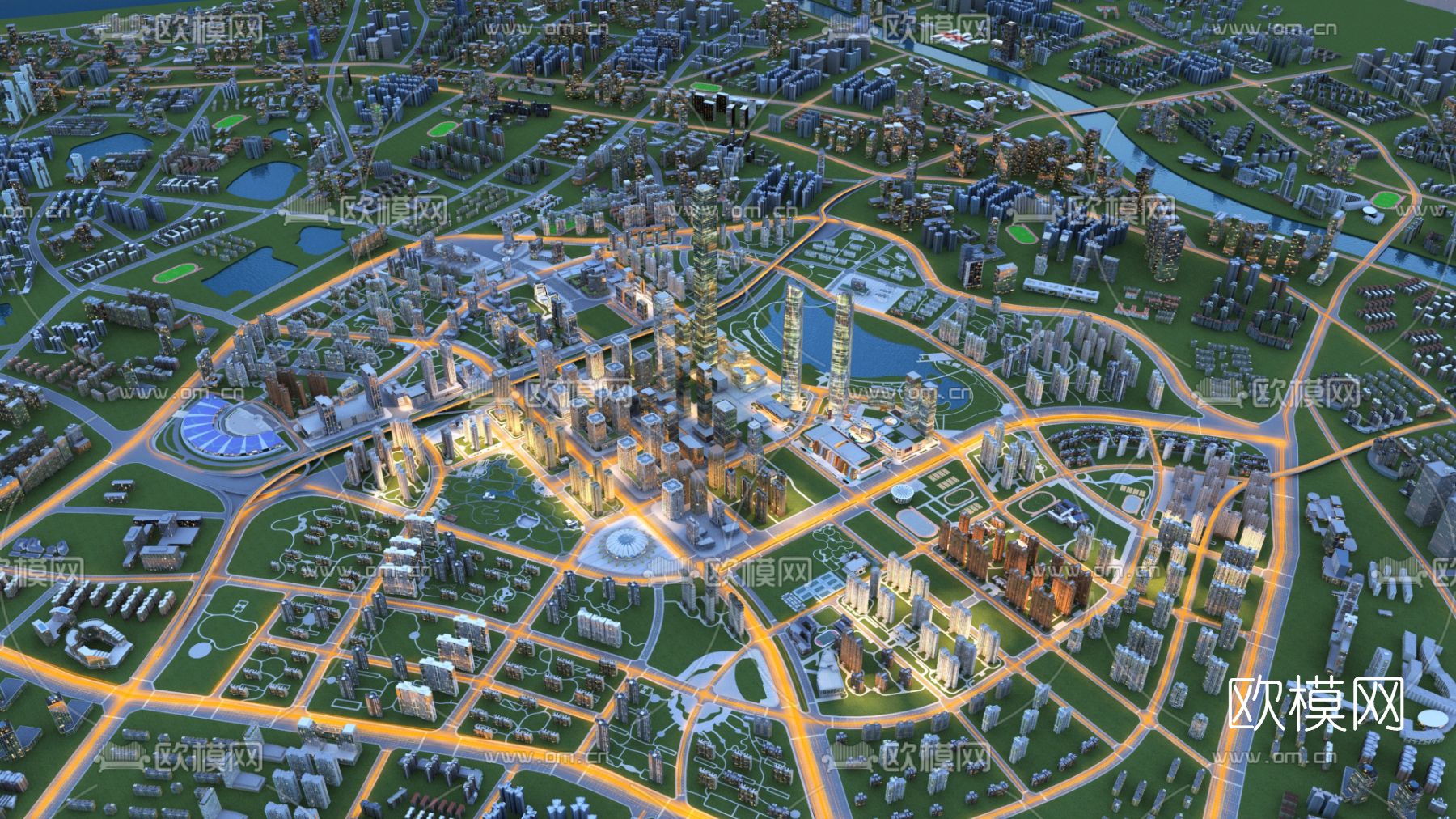 现代城市鸟瞰3d模型下载_ID12069514_3dmax免费模型-欧模网