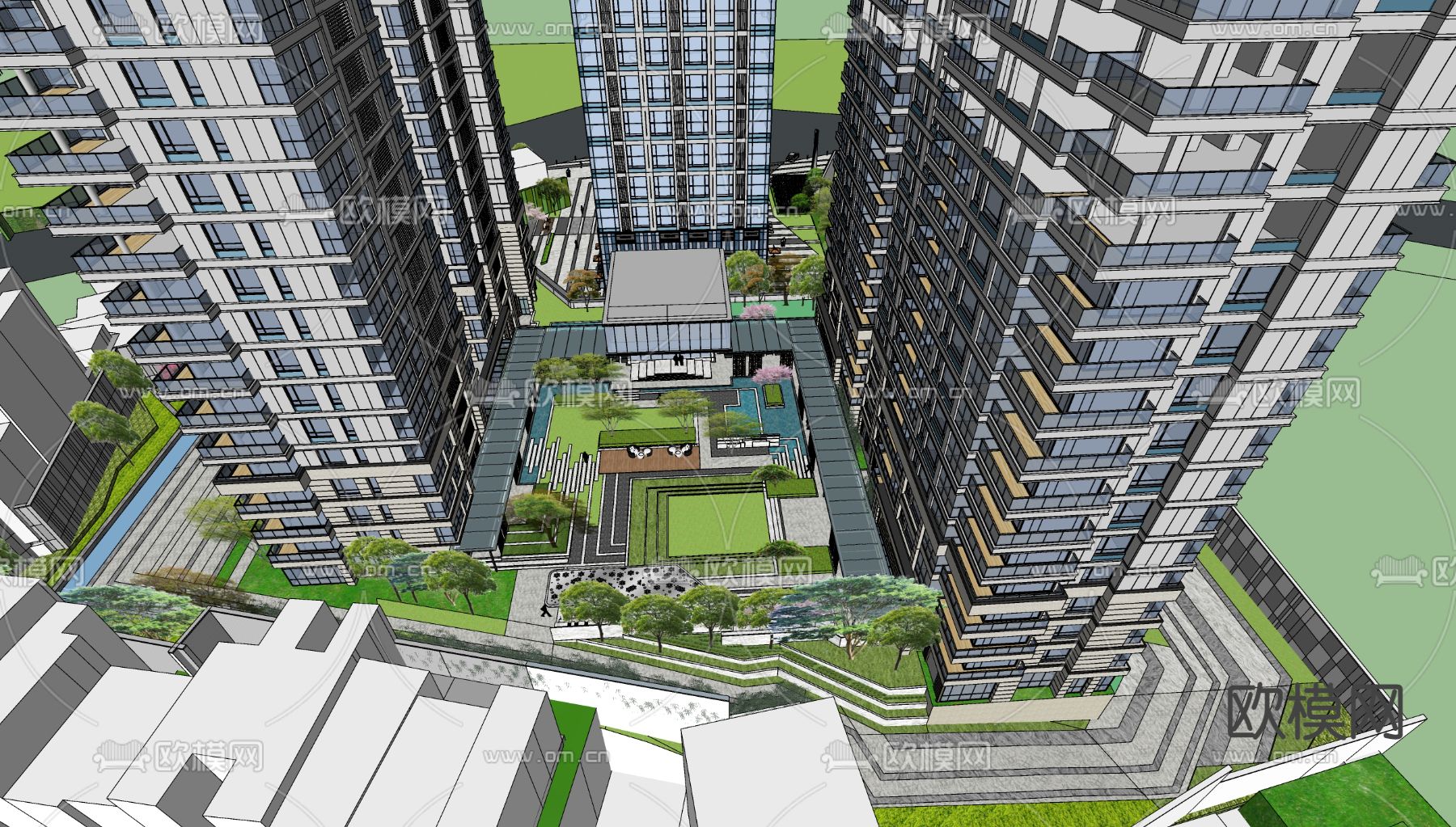 现代小区鸟瞰su模型下载（渲染图1）