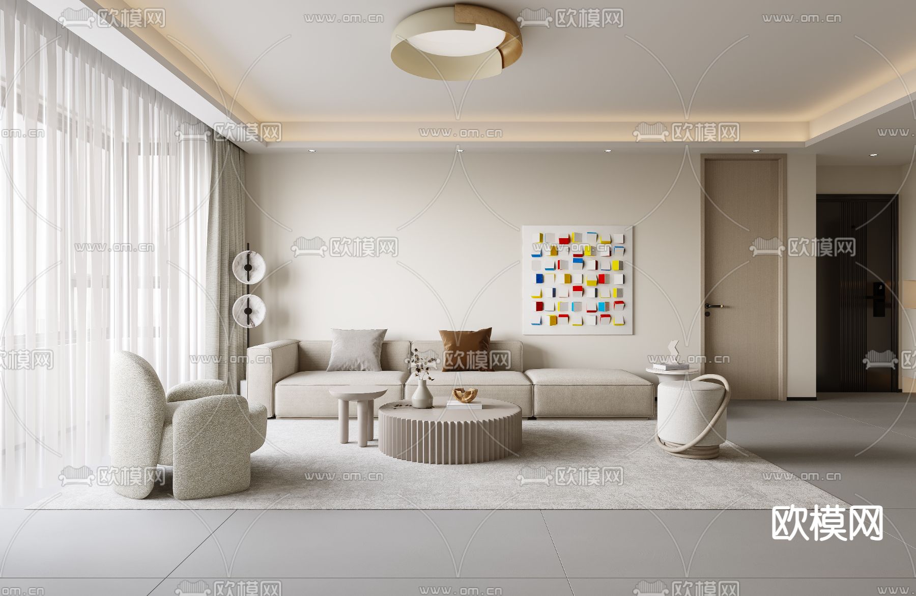 现代客厅餐厅3d模型下载（渲染图1）