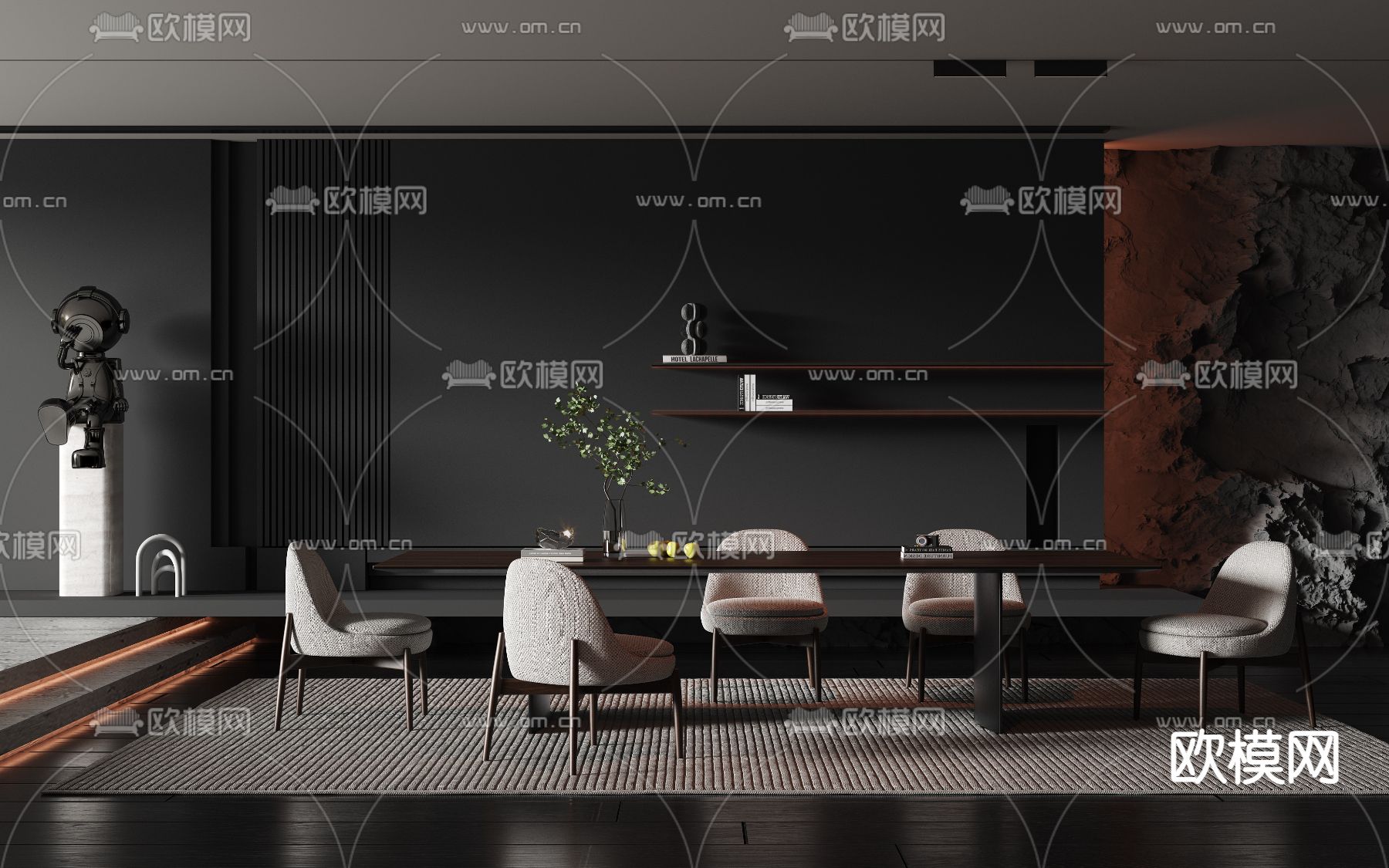 现代暗黑风实木长条餐桌椅3d模型