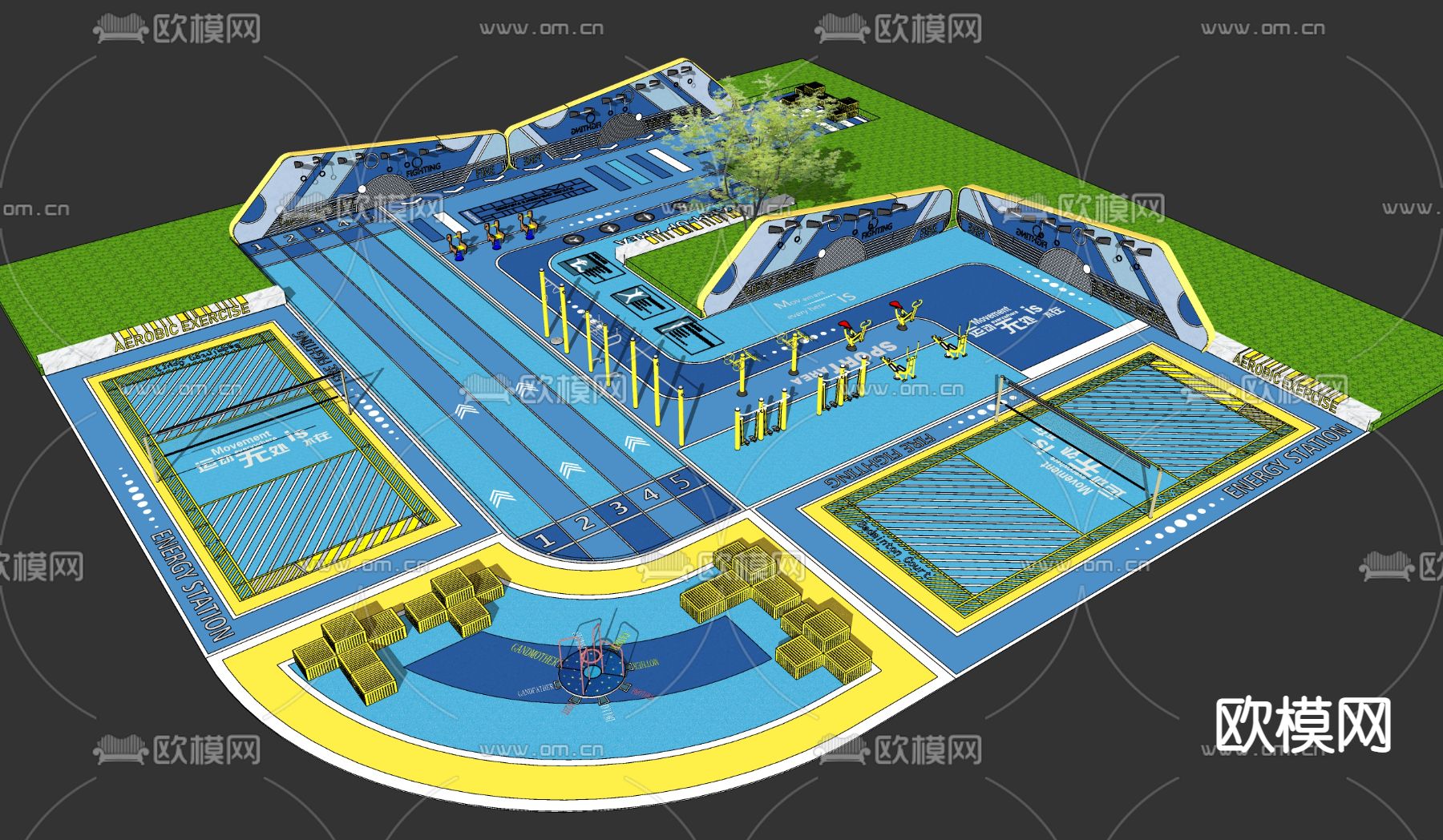 现代健身器械运动场地su模型下载（渲染图1）