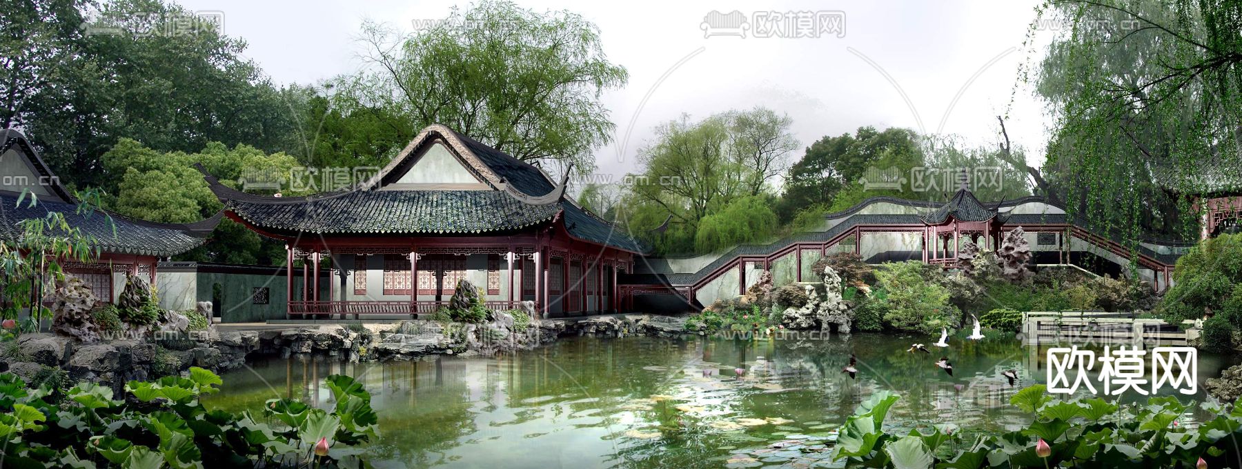 新中式假山池塘园林景观psd下载