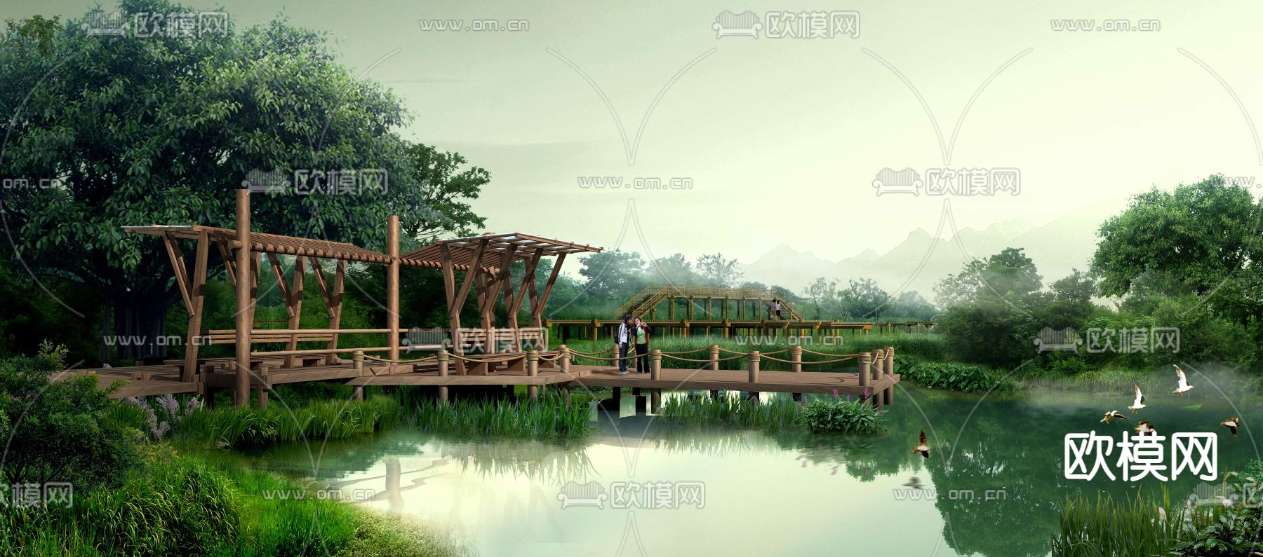 现代森林丛林湖边景观psd下载