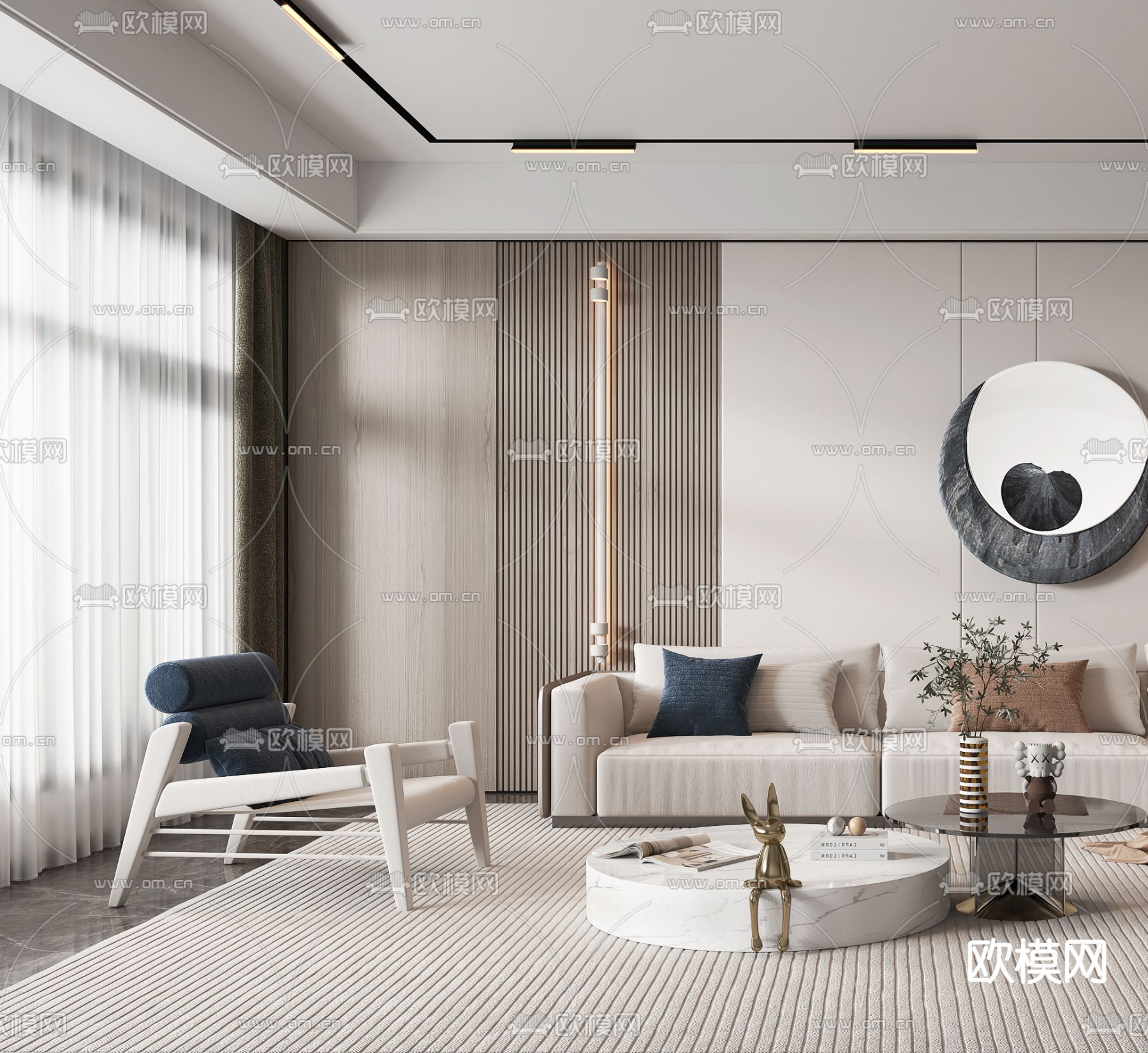 现代奶油风客厅3d模型下载（渲染图3）