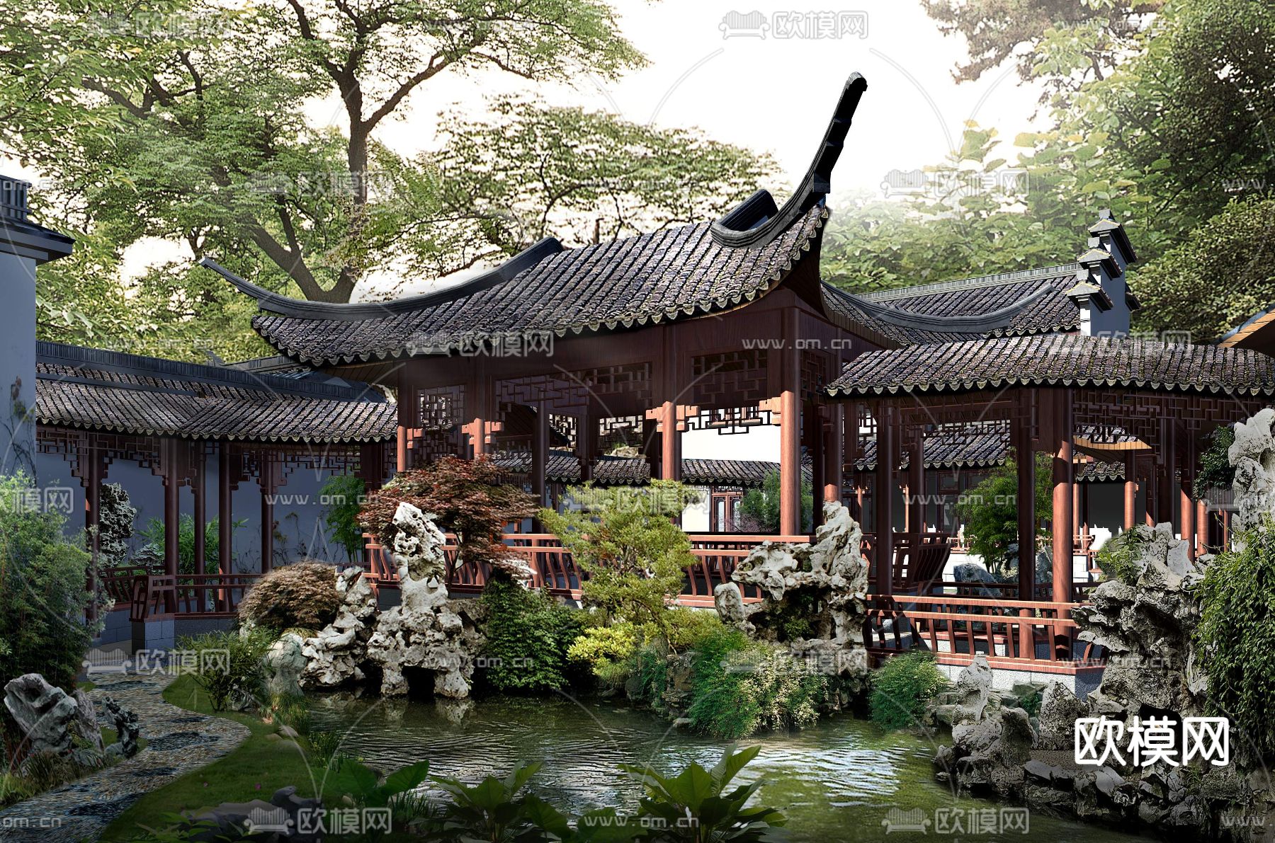 新中式庭院花园景观psd下载_ID12073801_3dmax免费模型-欧模网