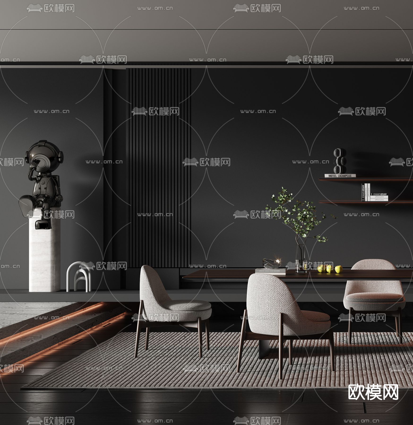 现代暗黑风实木长条餐桌椅3d模型