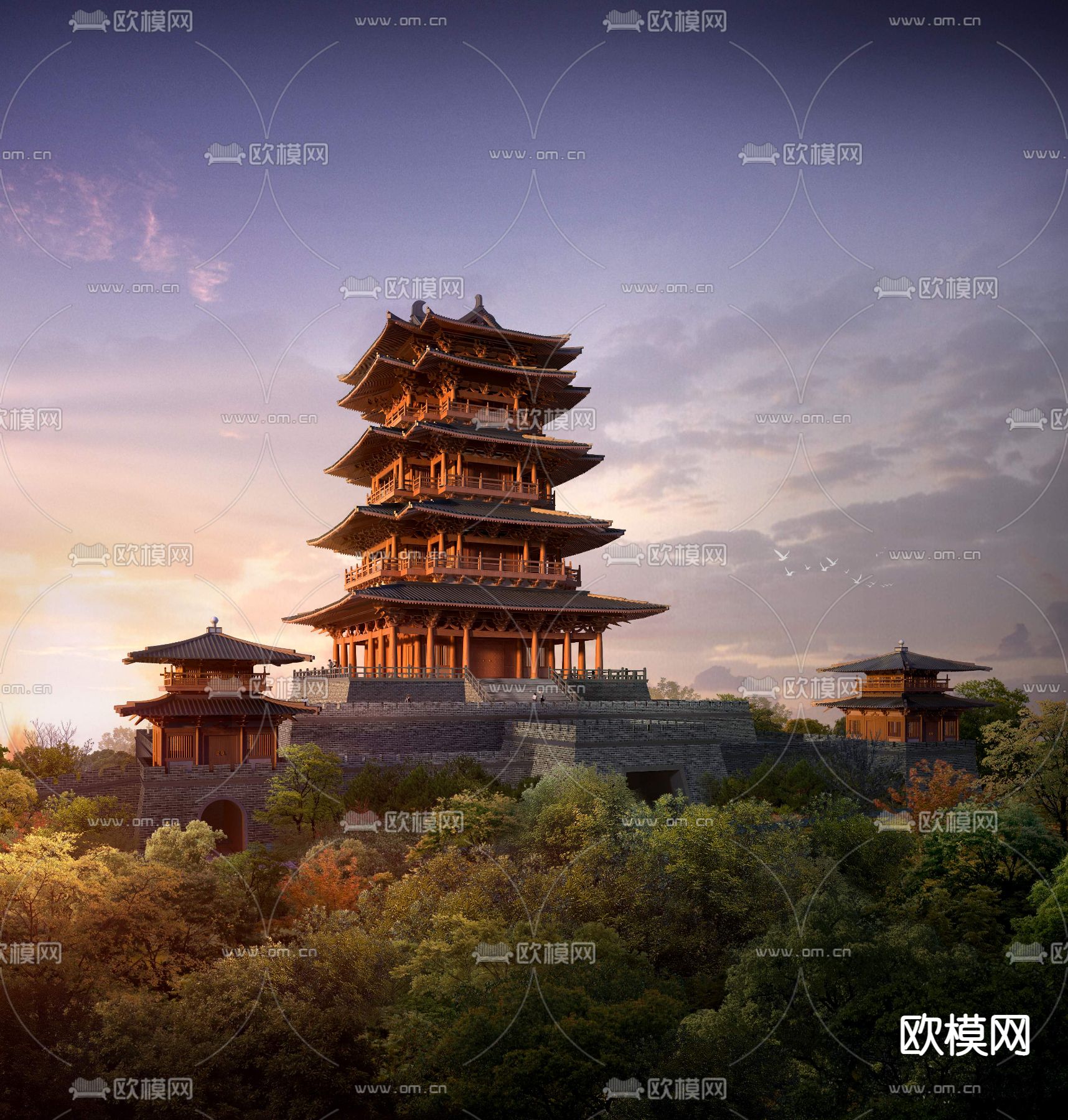 中式古建宝塔外观psd下载