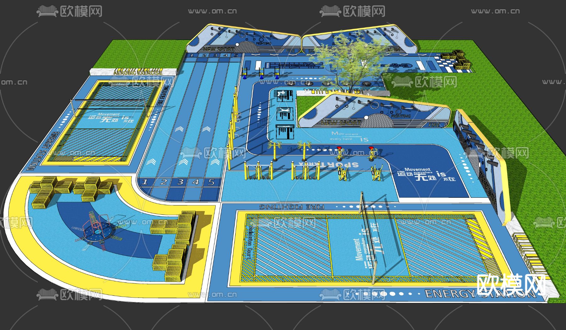 现代健身器械运动场地su模型下载（渲染图3）