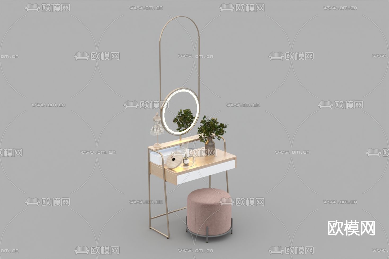 北欧轻奢不锈钢实木梳妆台免费3d模型下载