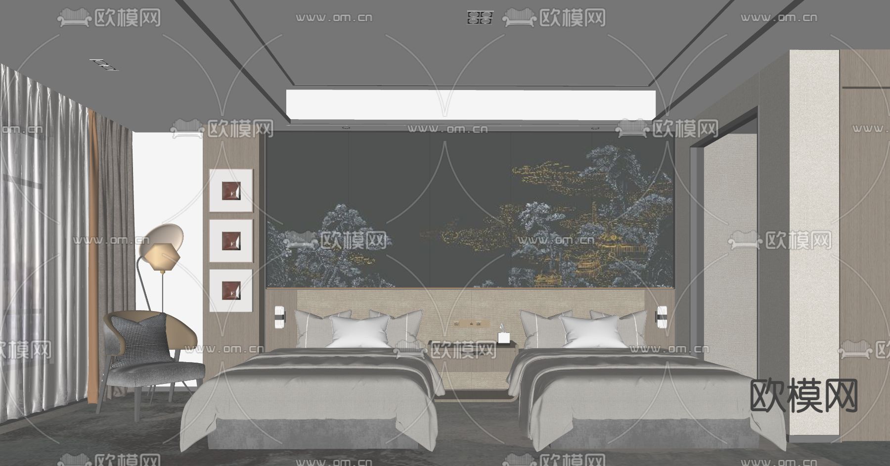 新中式酒店双床客房su模型下载（渲染图2）