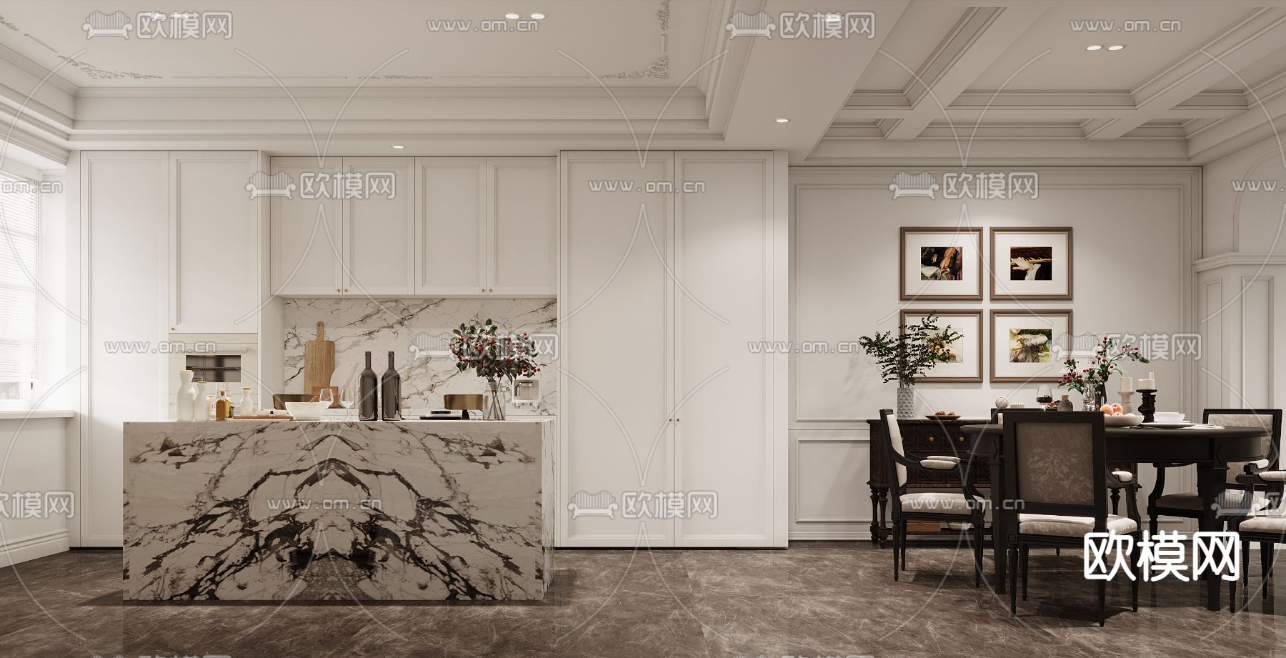 美式复式客厅餐厅3d模型