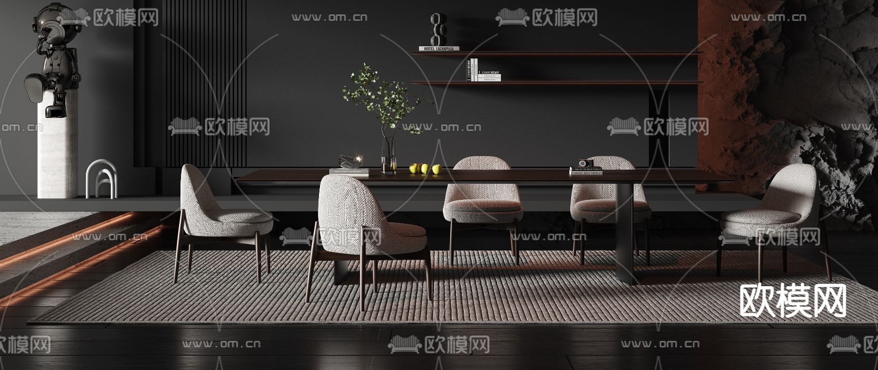 现代暗黑风实木长条餐桌椅3d模型