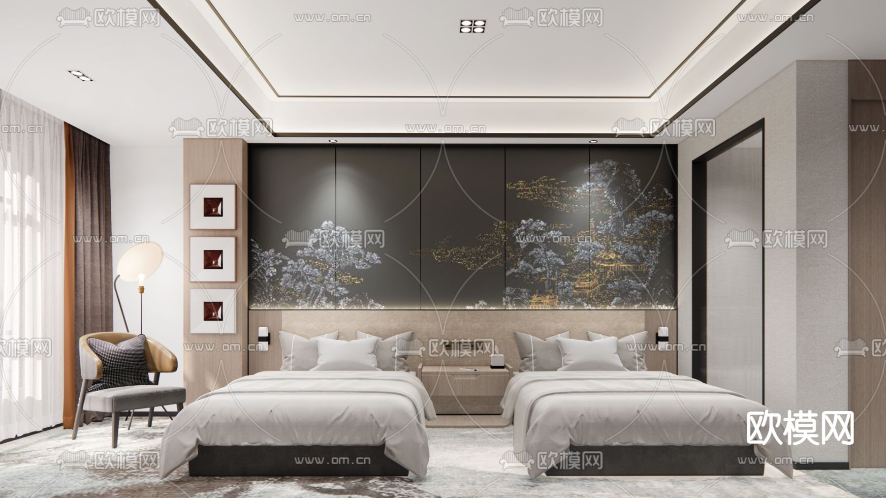 新中式酒店双床客房su模型下载（渲染图1）