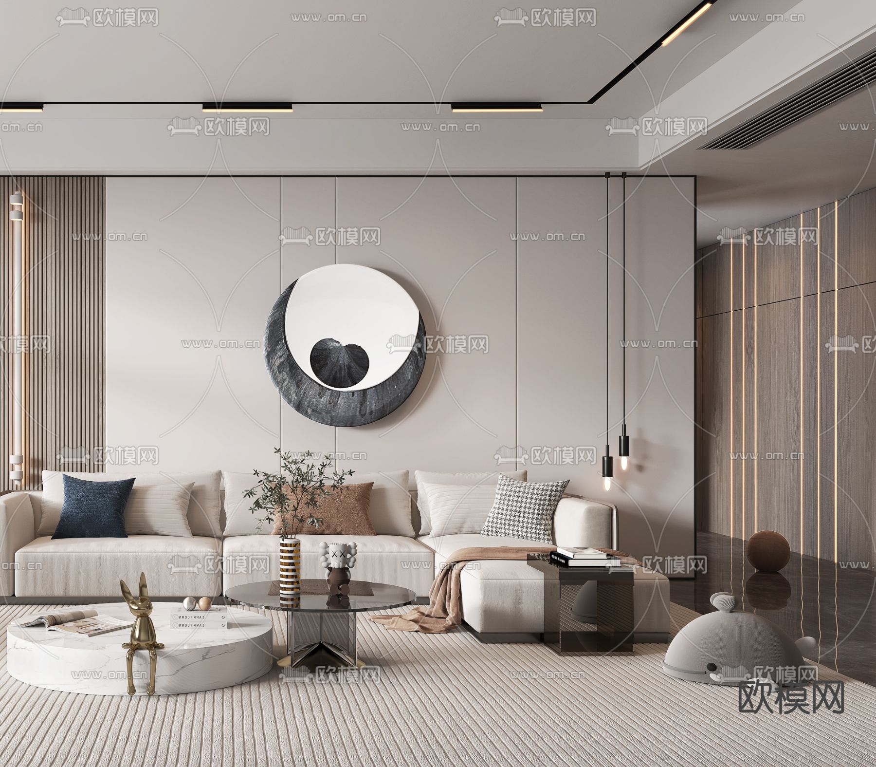 现代奶油风客厅3d模型下载（渲染图2）