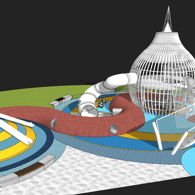  现代鸟笼树屋儿童滑梯游乐场su模型 