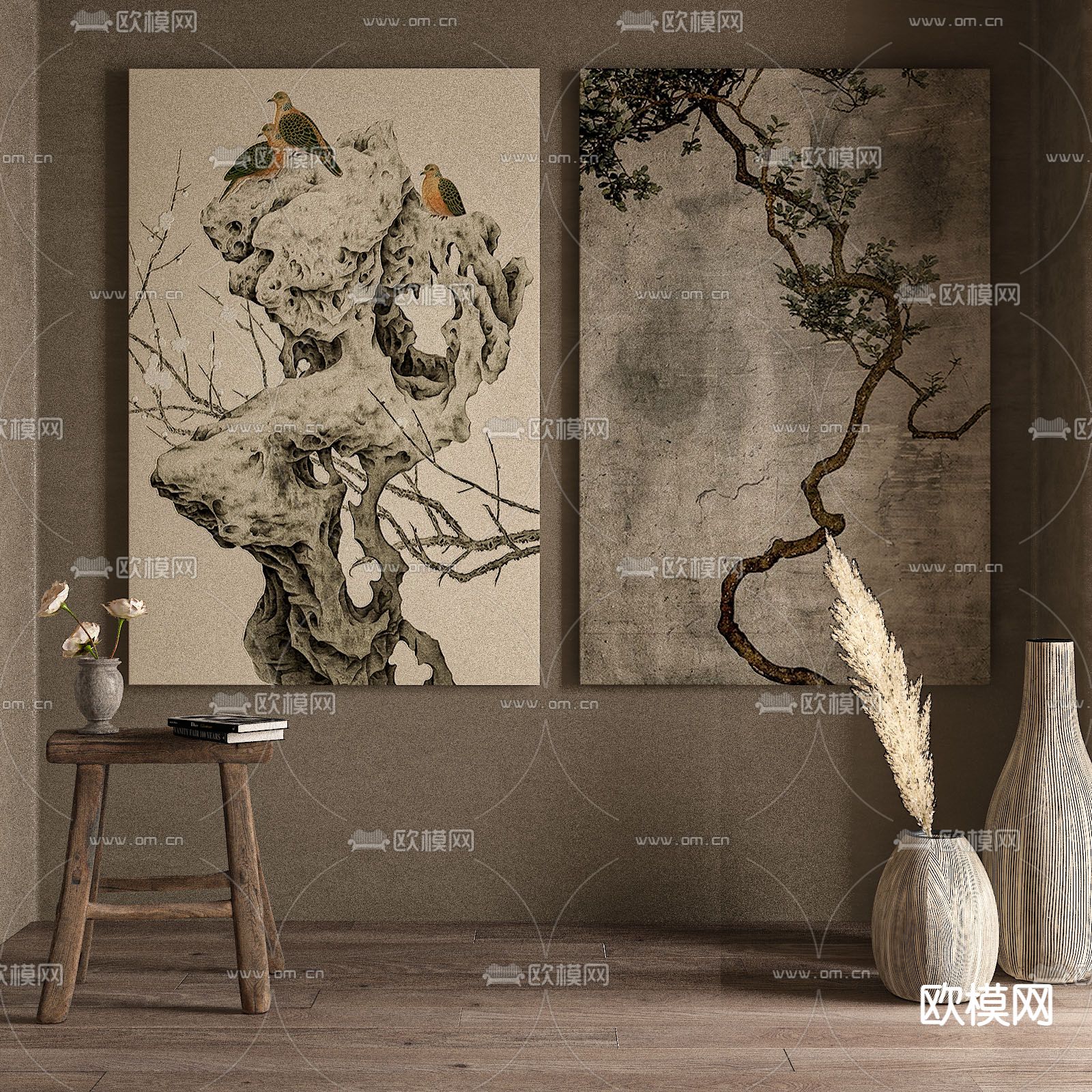 侘寂风树枝装饰画3d模型下载_ID12074937_3dmax免费模型-欧模网