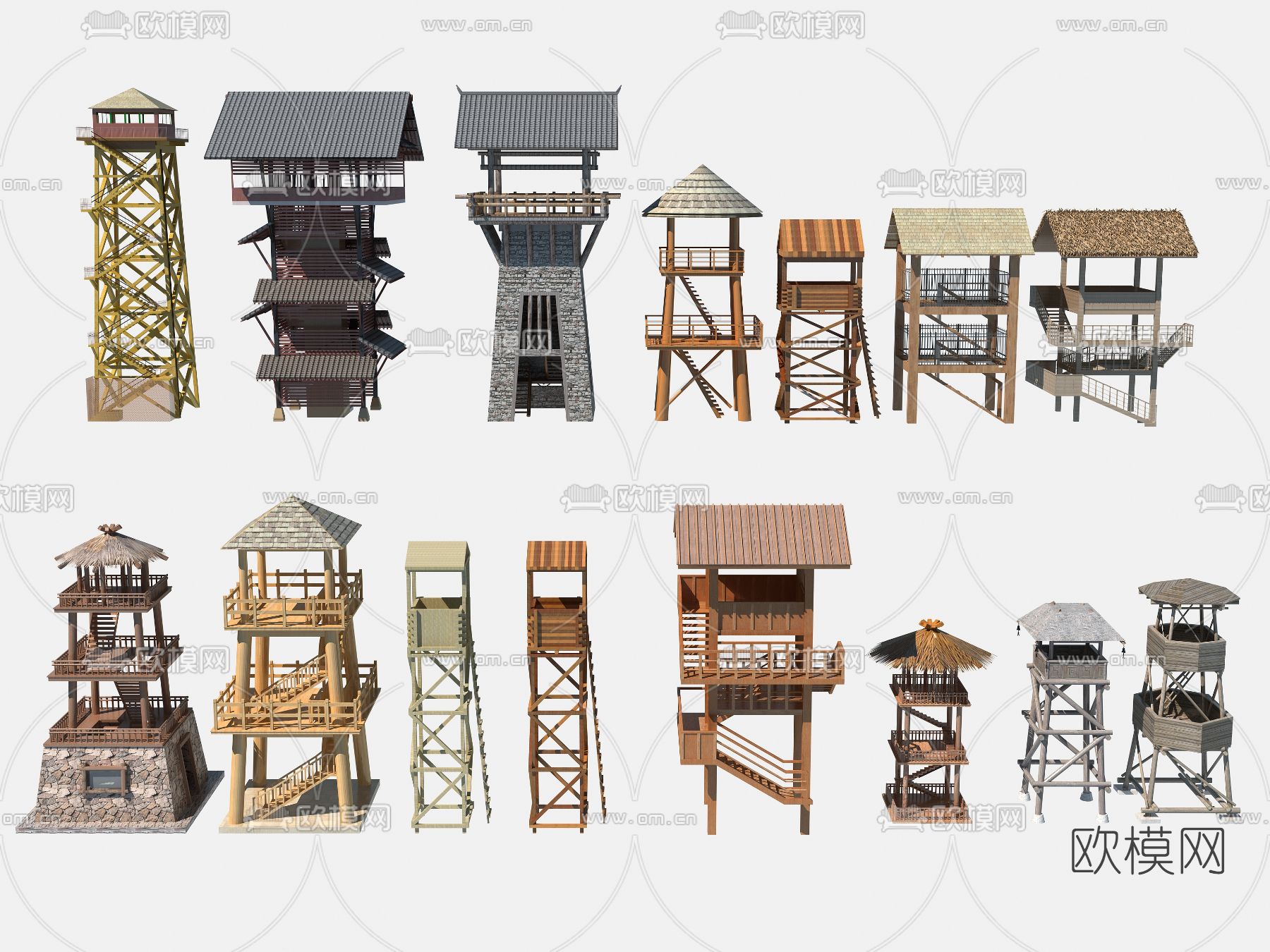 新中式观景塔3d模型下载