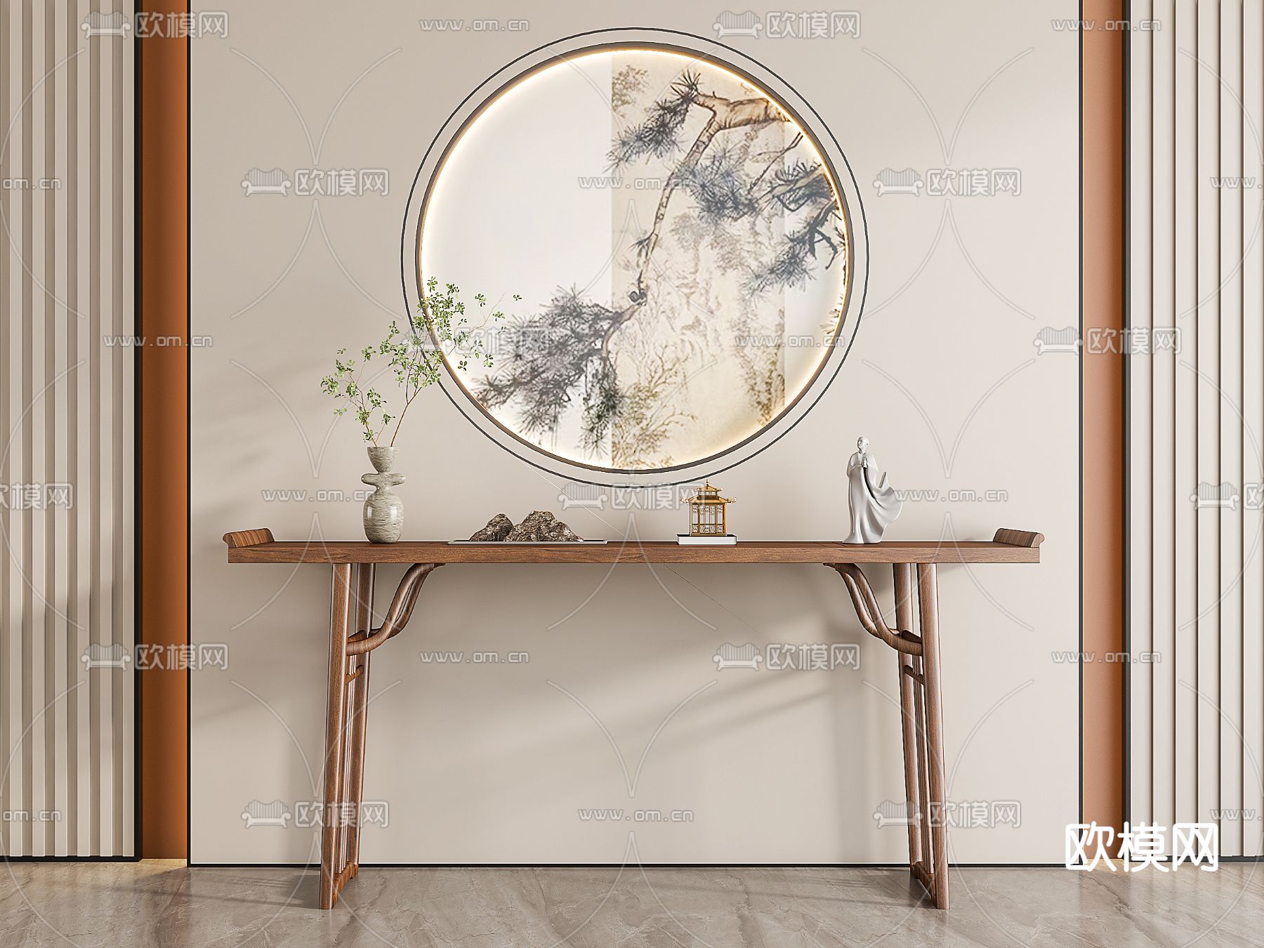 新中式端景条案su模型下载（渲染图1）