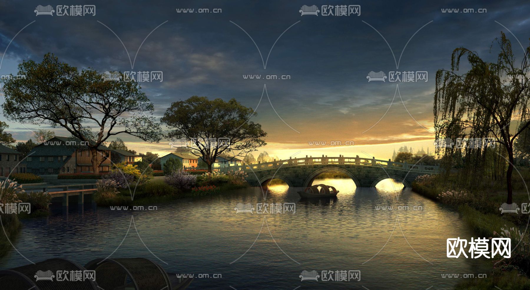 新中式河道船只夜景psd下载