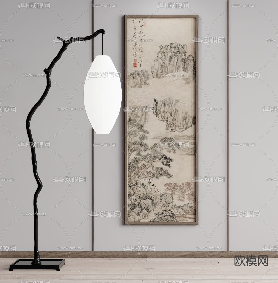 新中式水墨装饰画su模型下载（渲染图1）