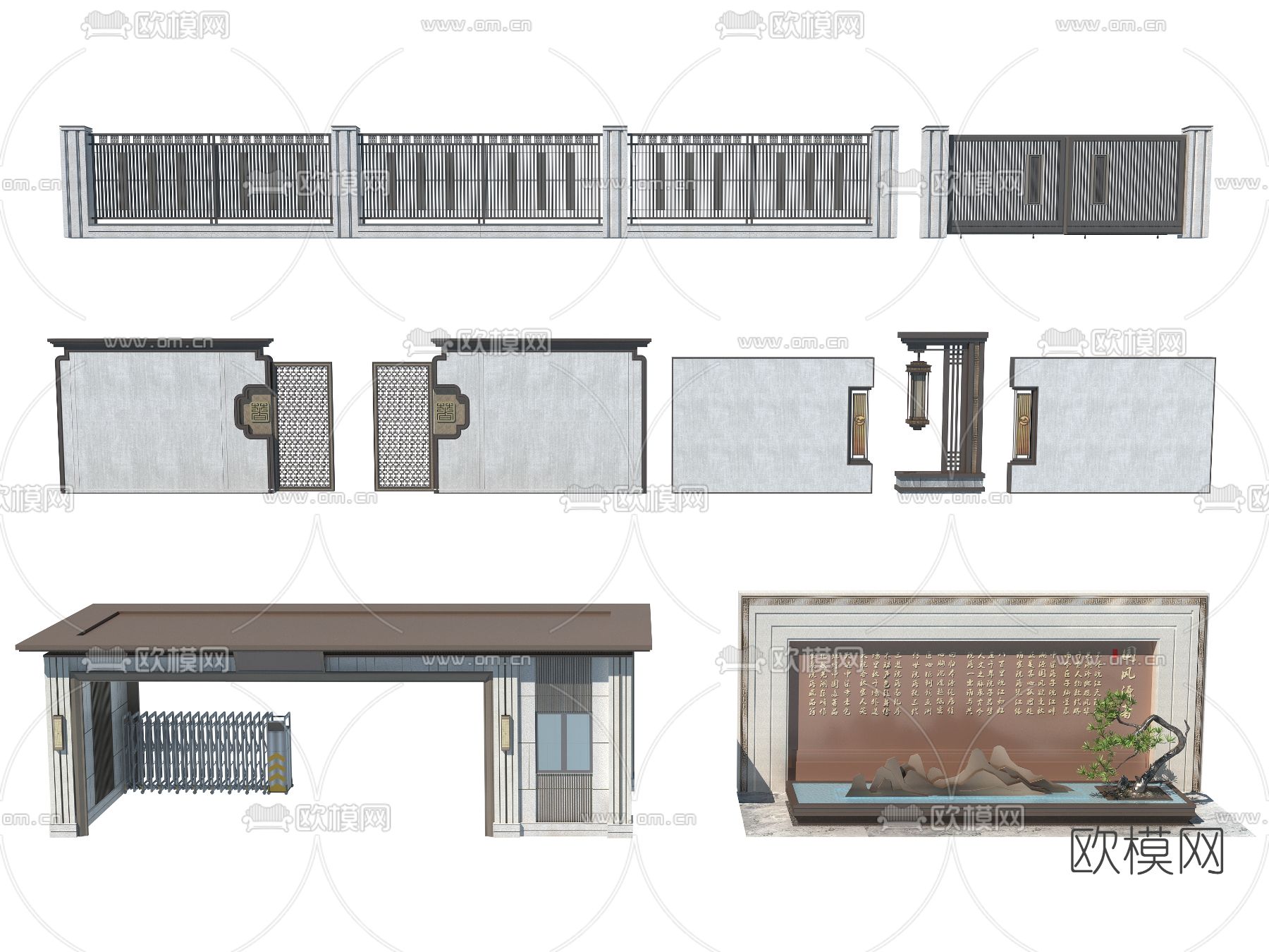 新中式护栏小区大门景墙3d模型下载（渲染图1）