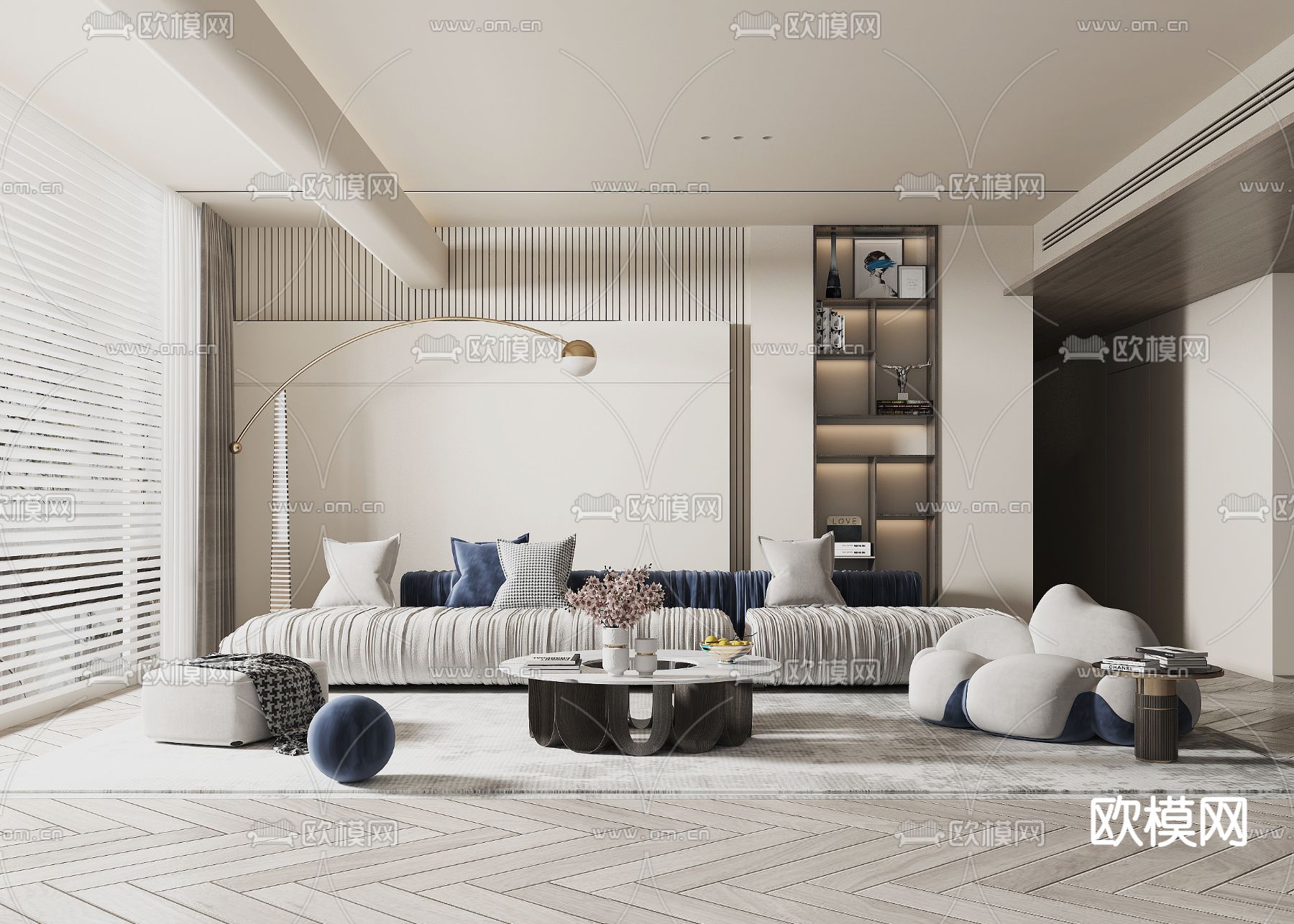 现代奶油风客厅3d模型下载_ID12074544_3dmax免费模型-欧模网