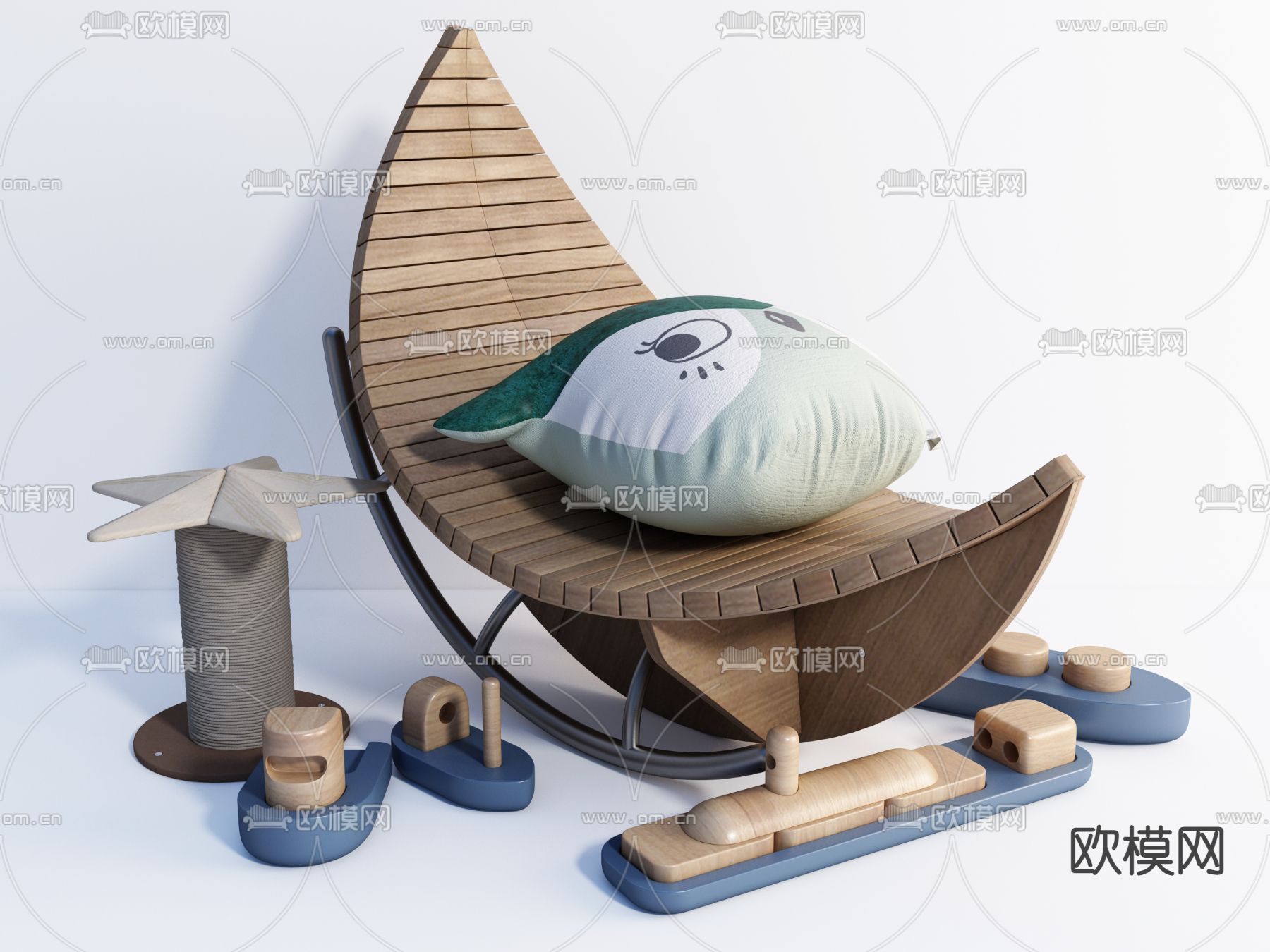 现代实木月牙摇椅3d模型下载