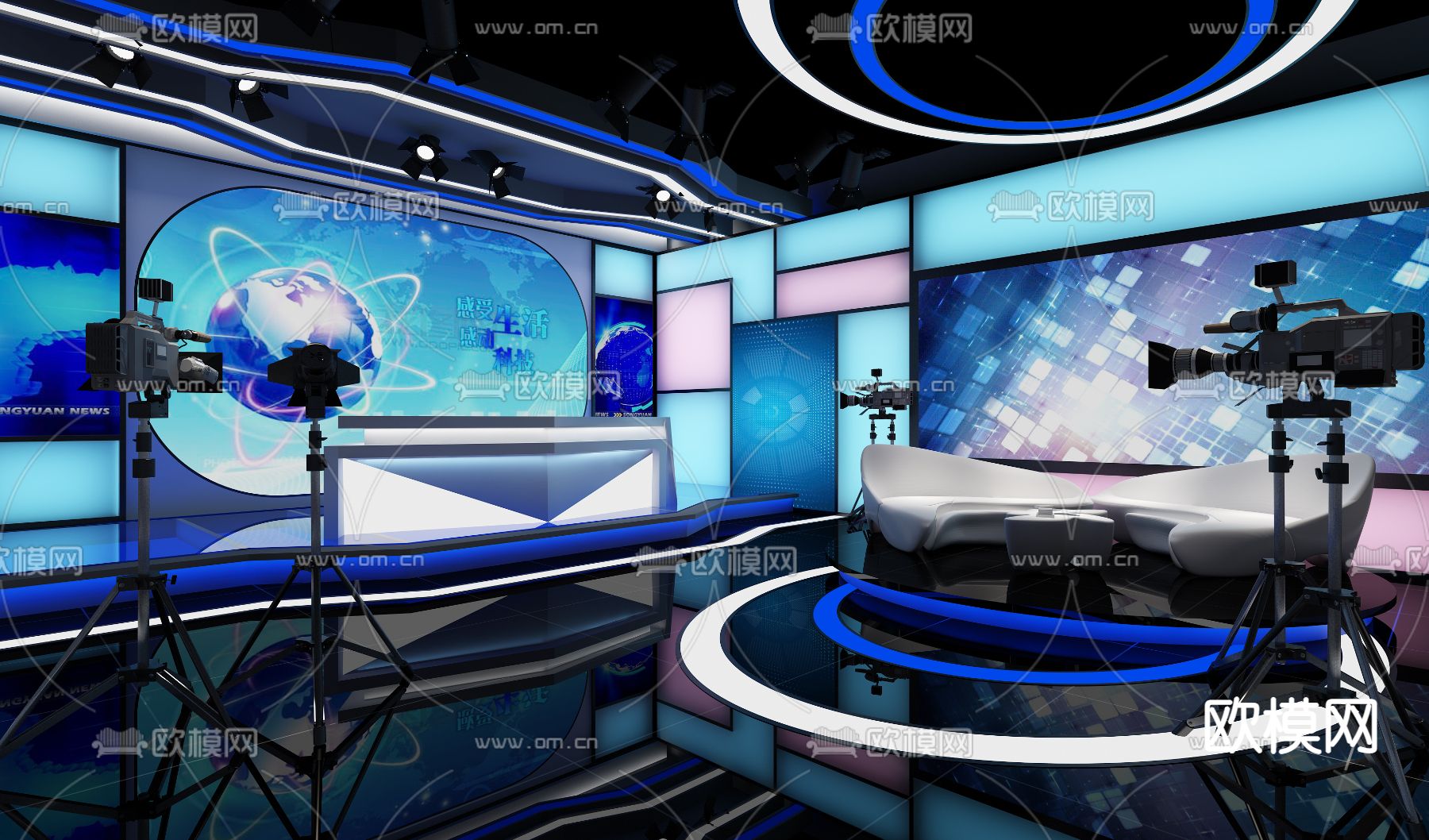 现代电台演播室直播间3d模型下载