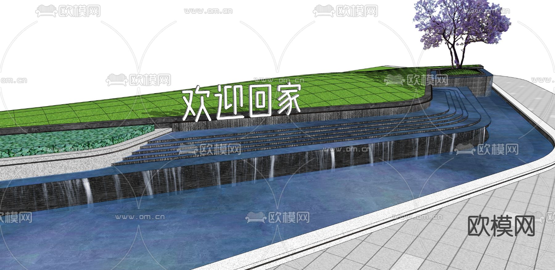 现代入口迎宾水景su模型下载_ID12076917_sketchup模型下载-欧模网