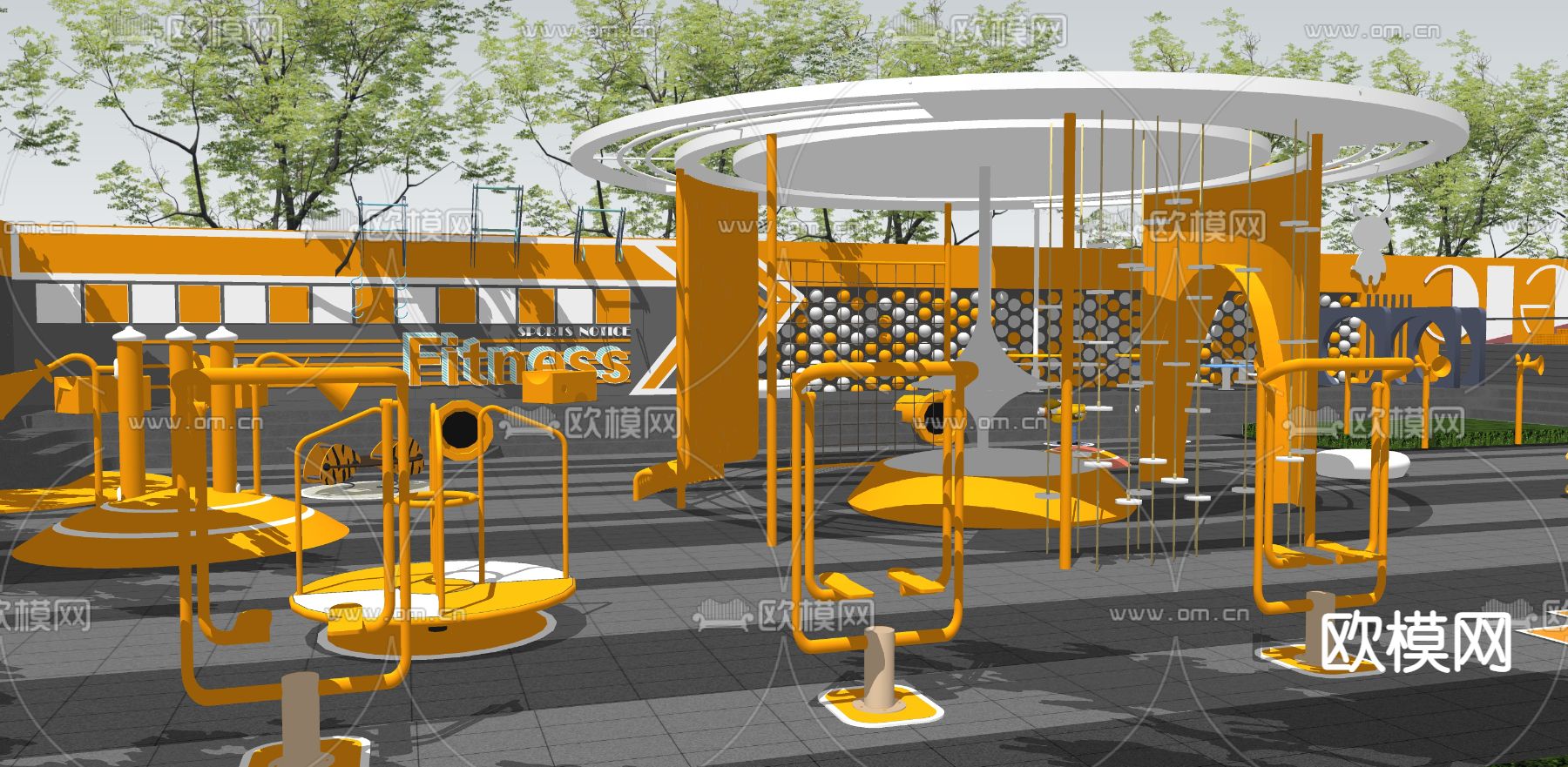 现代公园健身器材su模型下载（渲染图1）